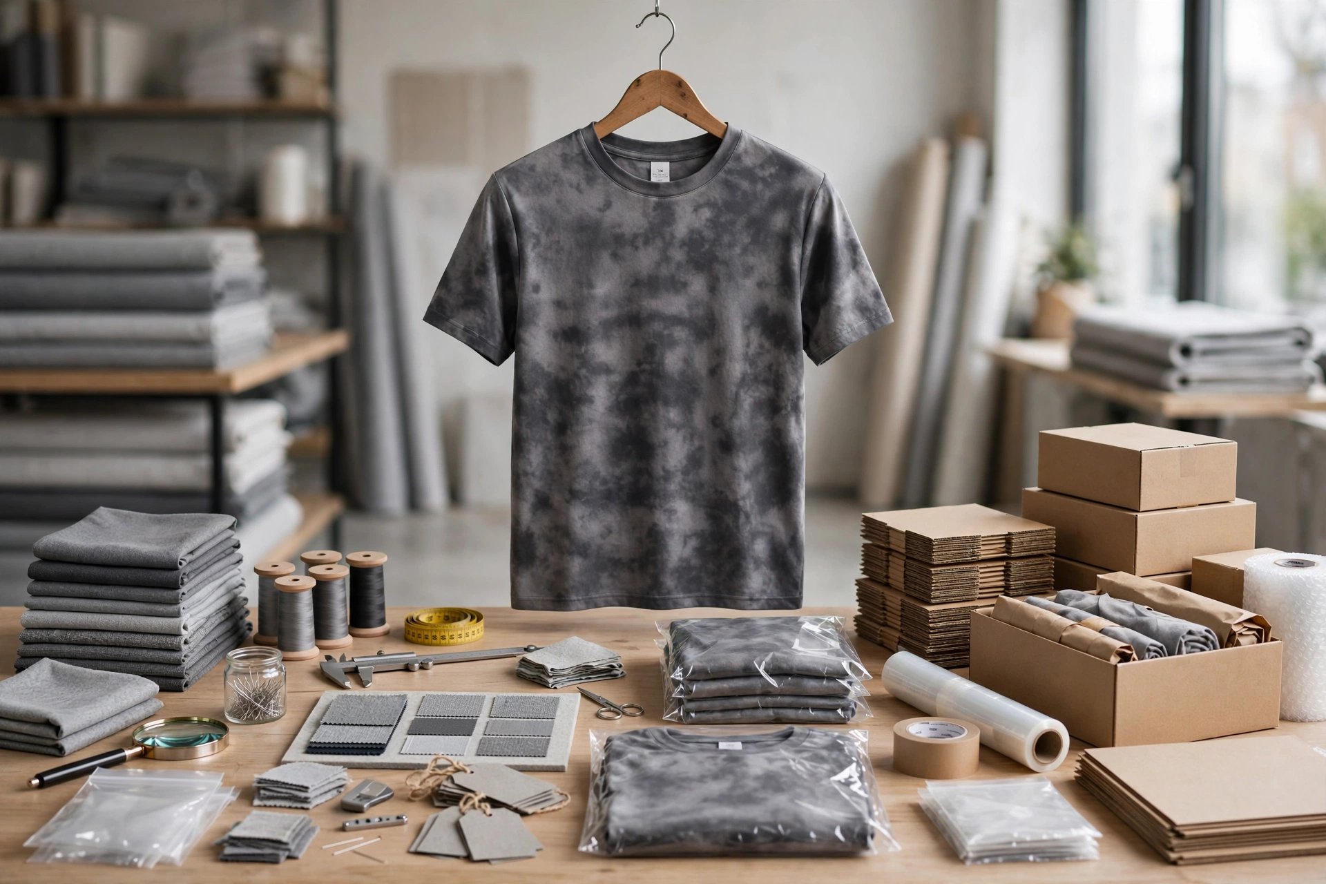 Grey acid wash tie-dye t-shirt hanging on wooden hanger in custom apparel step-by-step workflow studio with tech packs Pantone swatches fabric weight tools sample prototyping table QC inspection and retail-ready packaging cartons poly-bags hangtags - transparent custom t-shirt and polo manufacturing process