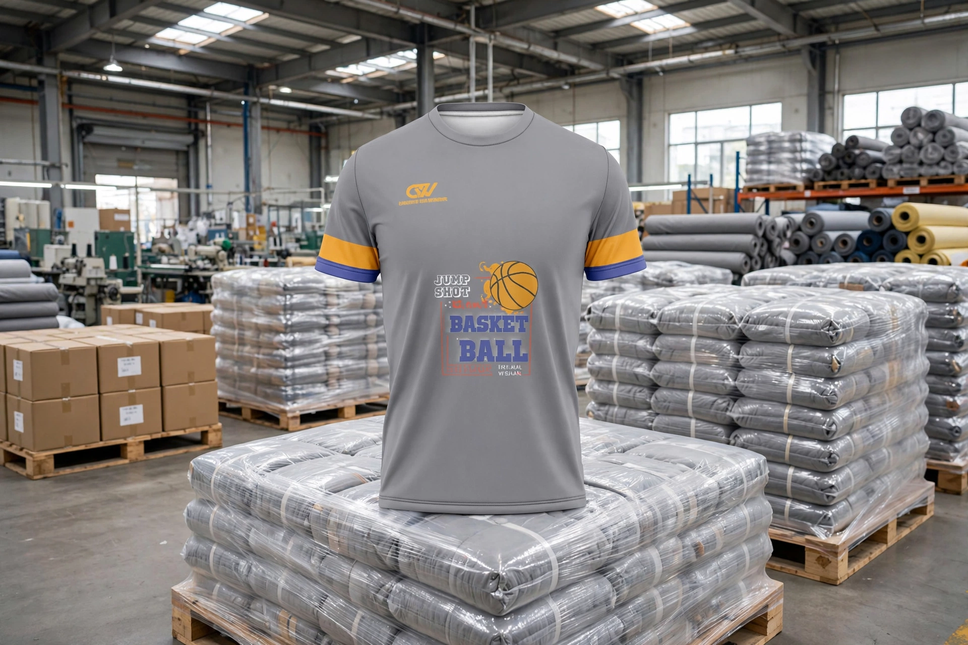 Grey jump shot basketball t-shirt floating over bulk inventory pallets in direct factory warehouse showing large-scale production without broker delays - strategic bulk manufacturing partnership 1536x1024