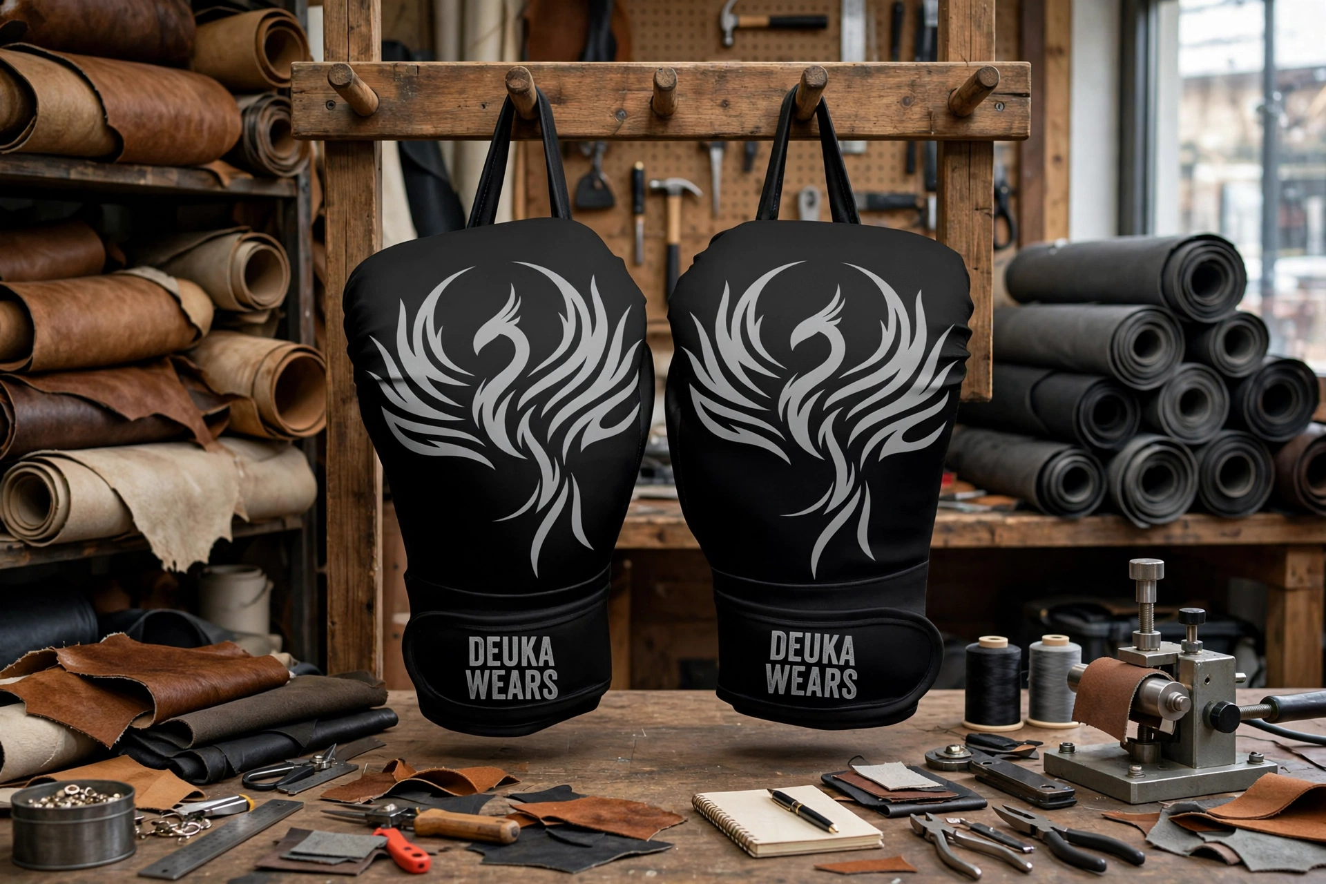 Black Deuka Wears boxing gloves with silver phoenix design hanging on wooden rack in leather workshop with top-grain cowhide rolls and microfiber - superior durability hides sublimation printing