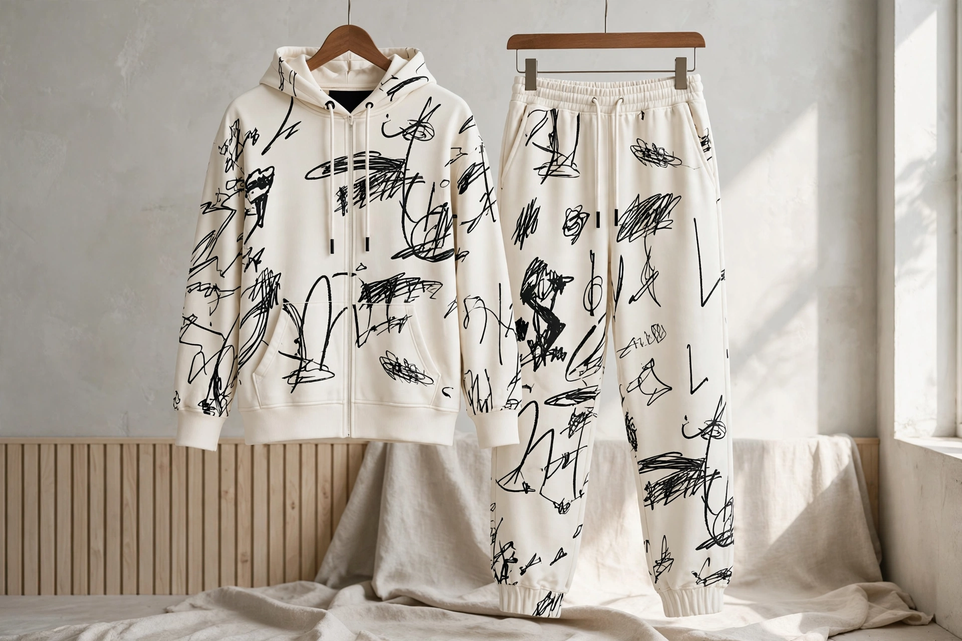 Off-white tracksuit with black abstract graffiti all over print hanging on wooden hangers in minimal light studio - oversized streetwear boxy fit dropped shoulders wider chest relaxed body length