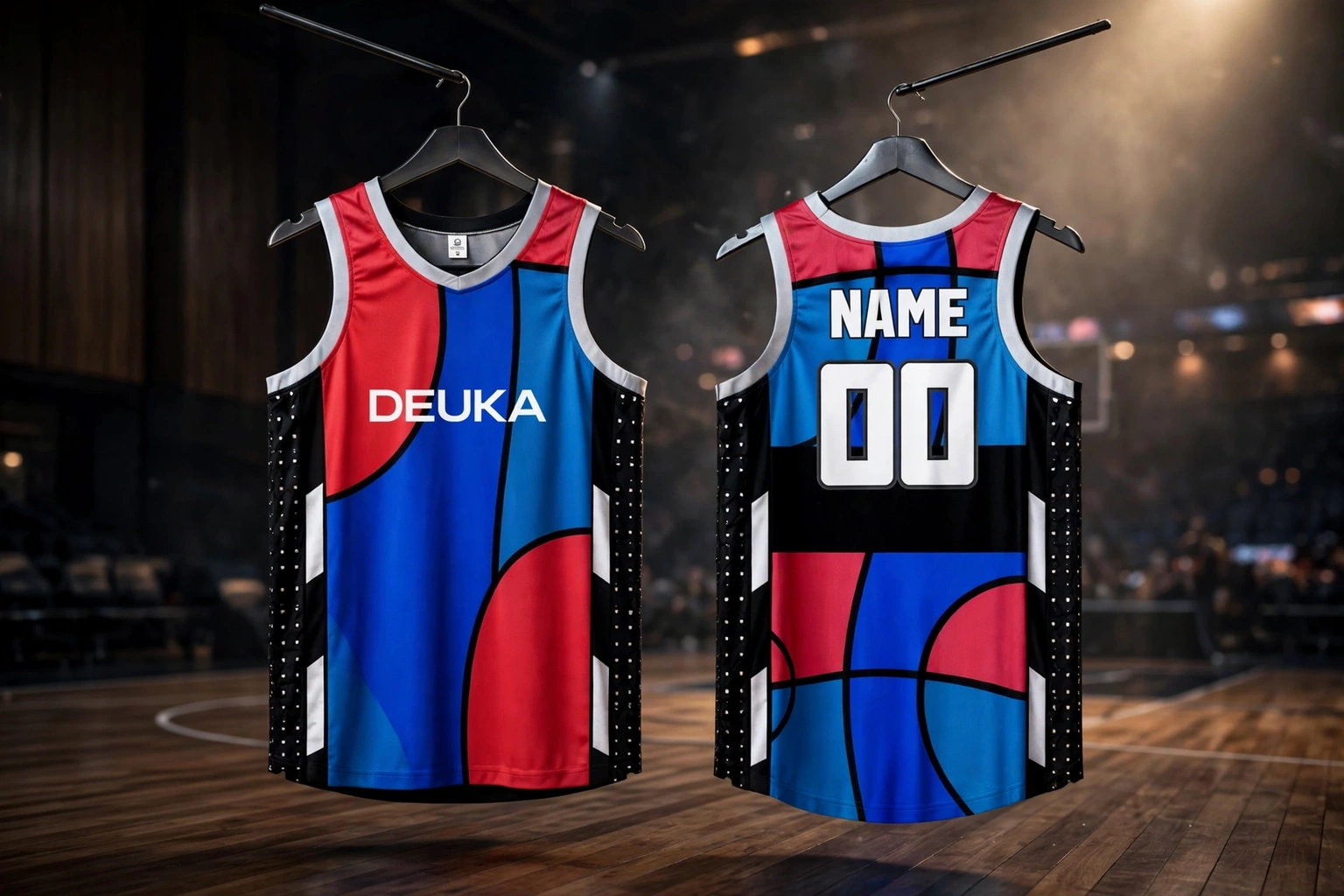 Red blue and black DEUKA basketball jerseys showcasing color theory high contrast side panel blocking and sublimated textures on hardwood court