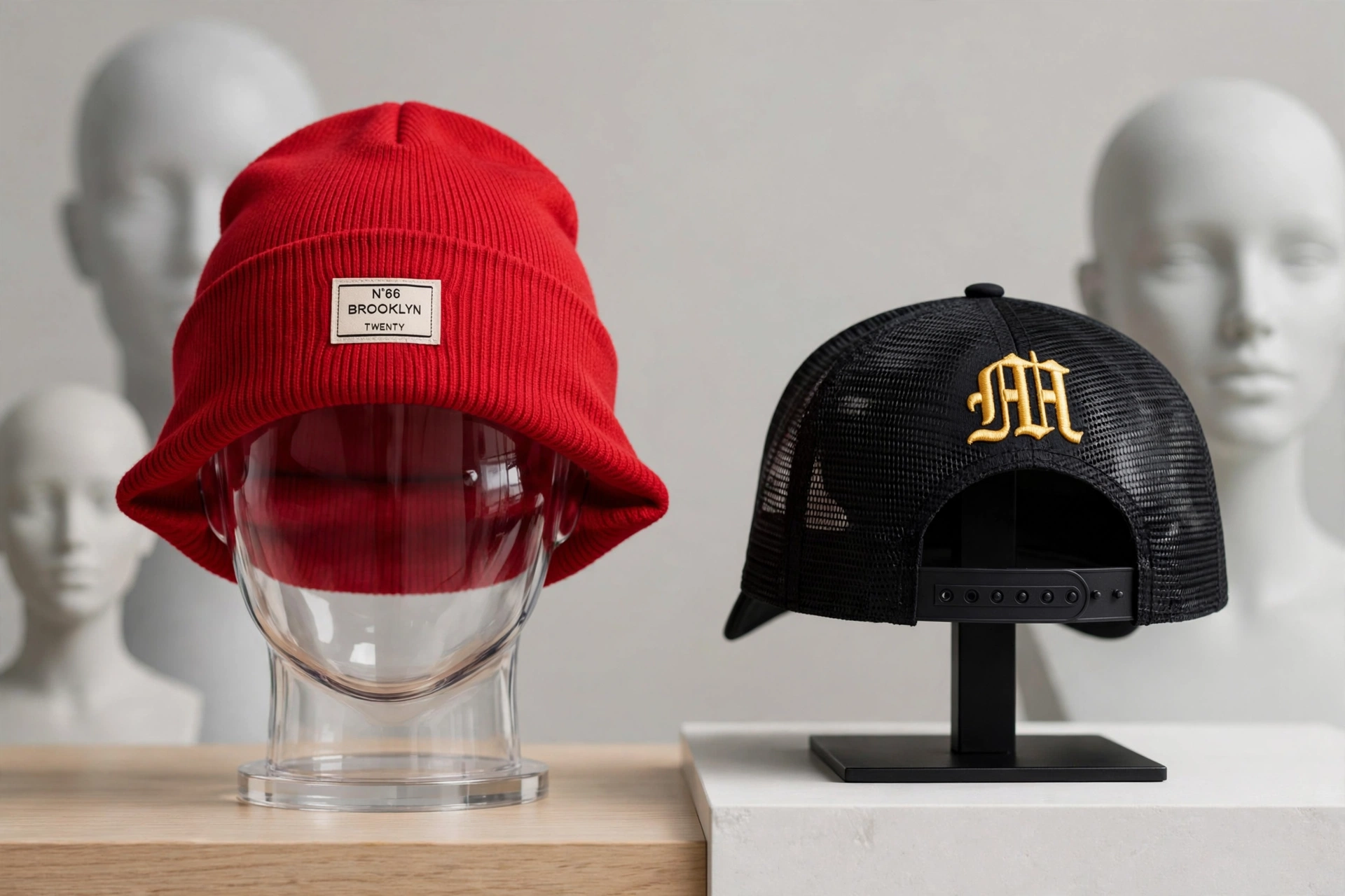 Red stretch beanie with Brooklyn patch on clear head form and black trucker cap with gold HH embroidery showing adjustable snapback on stand - universal sizing for wide range of head sizes