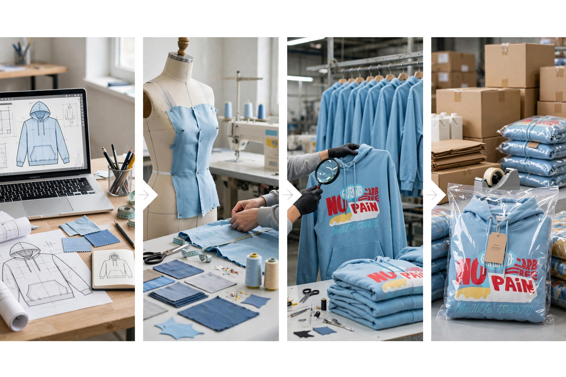 4-step custom hoodie manufacturing process - tech pack submission, sample prototyping, quality control inspection, retail-ready packaging with NO PAIN hoodie
