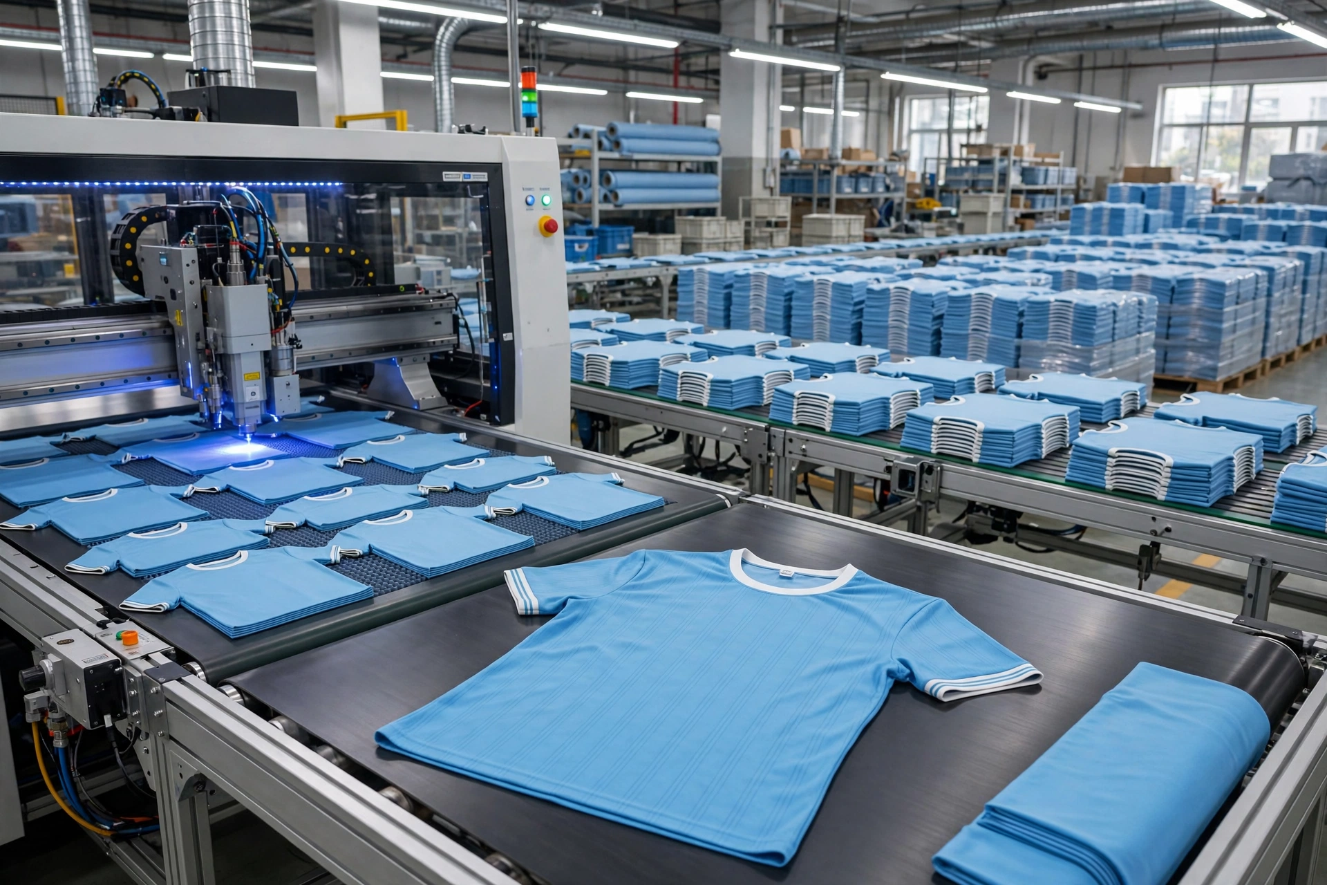 Light blue t-shirts on computerized laser cutting machine and conveyor with hundreds of identical folded shirts showing rigorous batch uniformity for 5000-unit run - 1536x1024