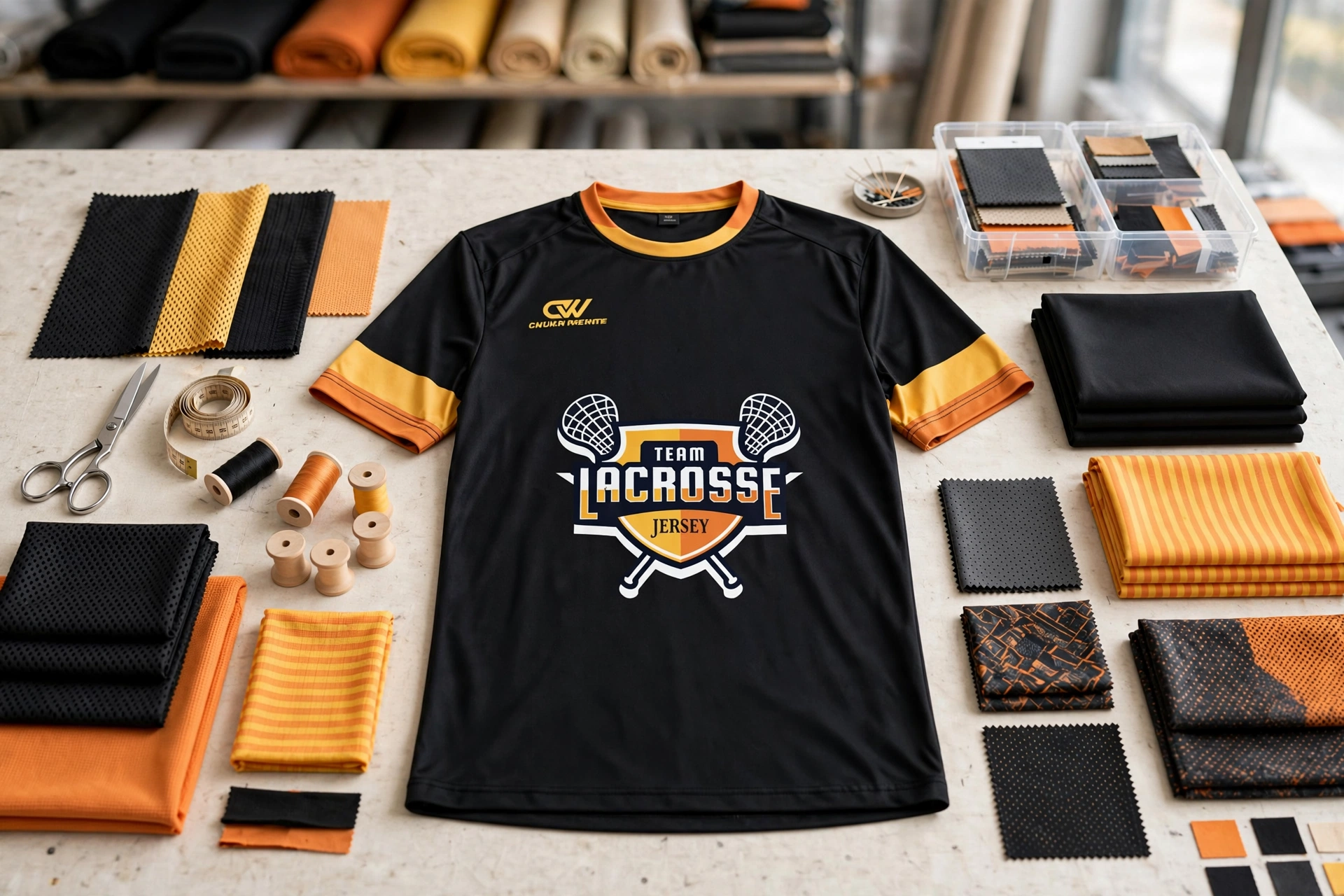 Black TEAM LACROSSE JERSEY with orange yellow stripes flat-lay on design table surrounded by moisture-wicking fabric swatches, sublimated graphic samples, thread spools, scissors - ODM original design manufacturer services 1536x1024