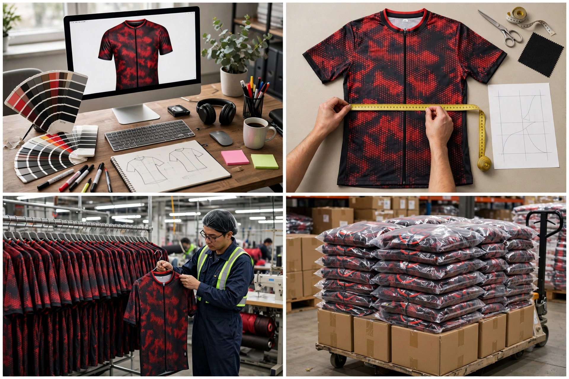 Deuka Wears 4-step custom ordering process for rugby and cycling wear with design consultation sample approval production and global logistics showing red camo jersey