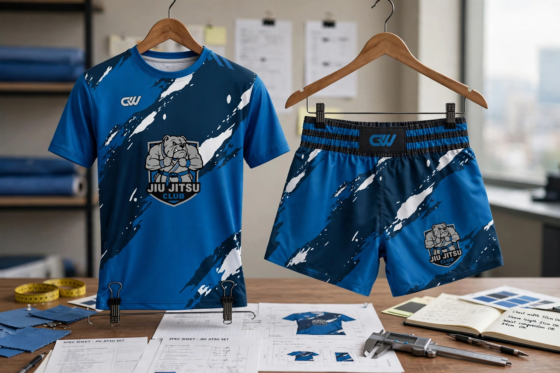 Blue navy white brush stroke Jiu Jitsu Club bulldog t-shirt and shorts set hanging on wooden hangers in custom spec sheet adherence studio with tech pack measurement sheets - custom spec sheet adherence