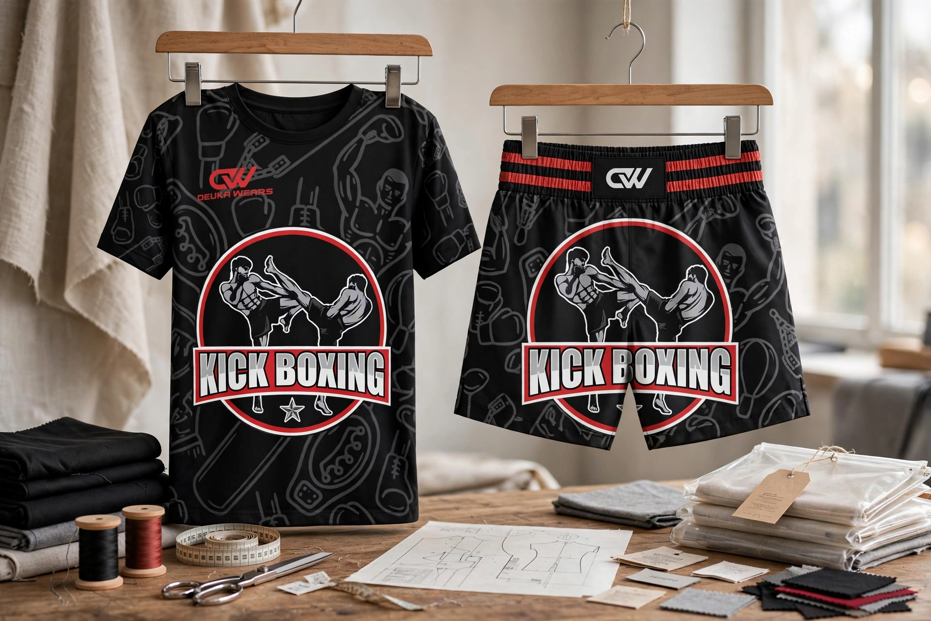 Black red KICK BOXING t-shirt and shorts set hanging on wooden clip hangers in customization studio with tech packs and pantone swatches