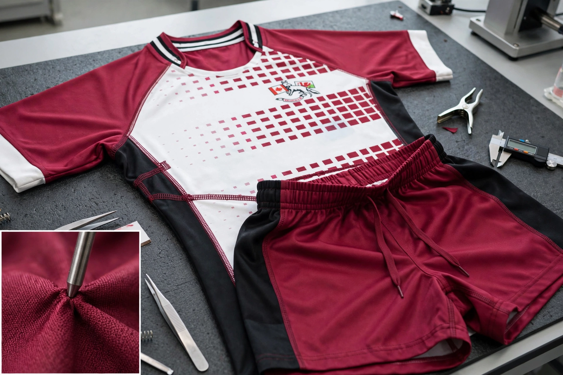 Engineering durability test of maroon white rugby uniform showing double needle shoulder yokes bar tacked stress zones anti grab fabric strength and elastic waistband inspection