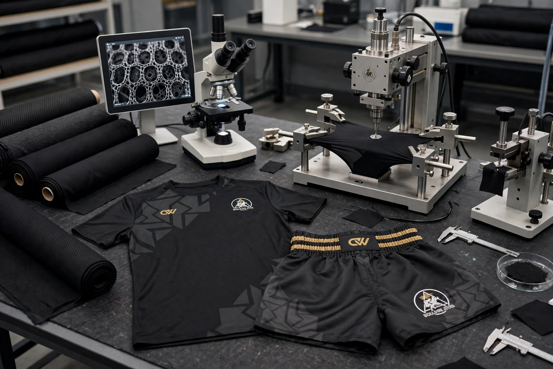 Black and gold Muay Thai shirt and shorts set in technical fabric testing lab with microscope showing bird-eye mesh, 4-way stretch testing machine and tear-resistant test - advanced technical fabric sourcing for sublimation 1536x1024