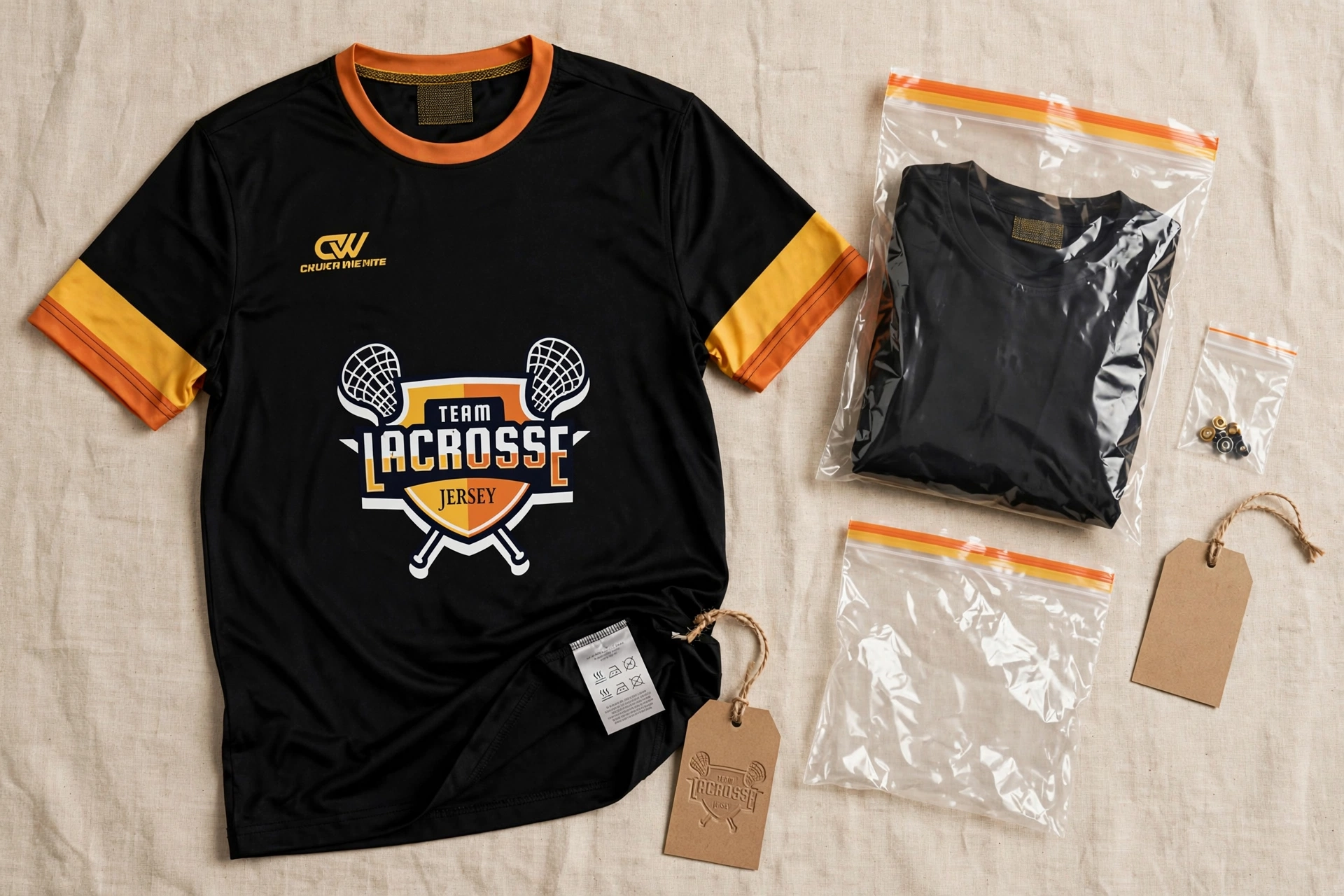 Black TEAM LACROSSE JERSEY with orange yellow stripes flatlay showing woven neck label heat-transfer care tag custom hangtags branded polybag packaging - total brand ownership 1536x1024