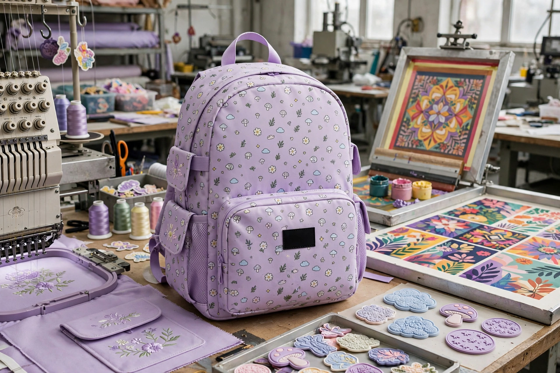 Lavender backpack with cute floral mushroom print on factory table with embroidery machine screen printing frame and rubberized PVC patches - customization techniques brand pop