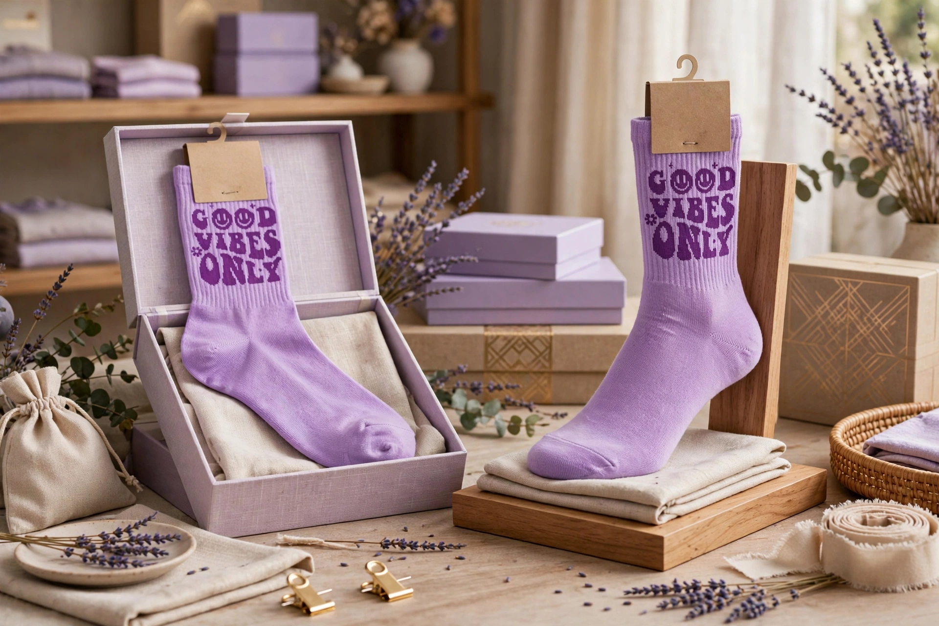 Lavender GOOD VIBES ONLY socks with dark purple retro text and smileys displayed on wooden stand and premium gift box - exceptional retail margins high-end custom-knitted