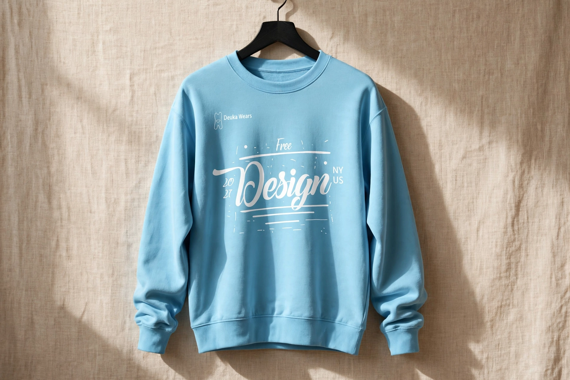 Light blue Deuka Wears sweatshirt with exact original Deuka Wears small chest logo and Free Design NY US 20 27 graphic preserved, no pocket, hanging on premium black wooden hanger against beige linen backdrop, three-quarter angle, natural sunlight with soft shadows, 1920 by 1280 landscape frame, no added text