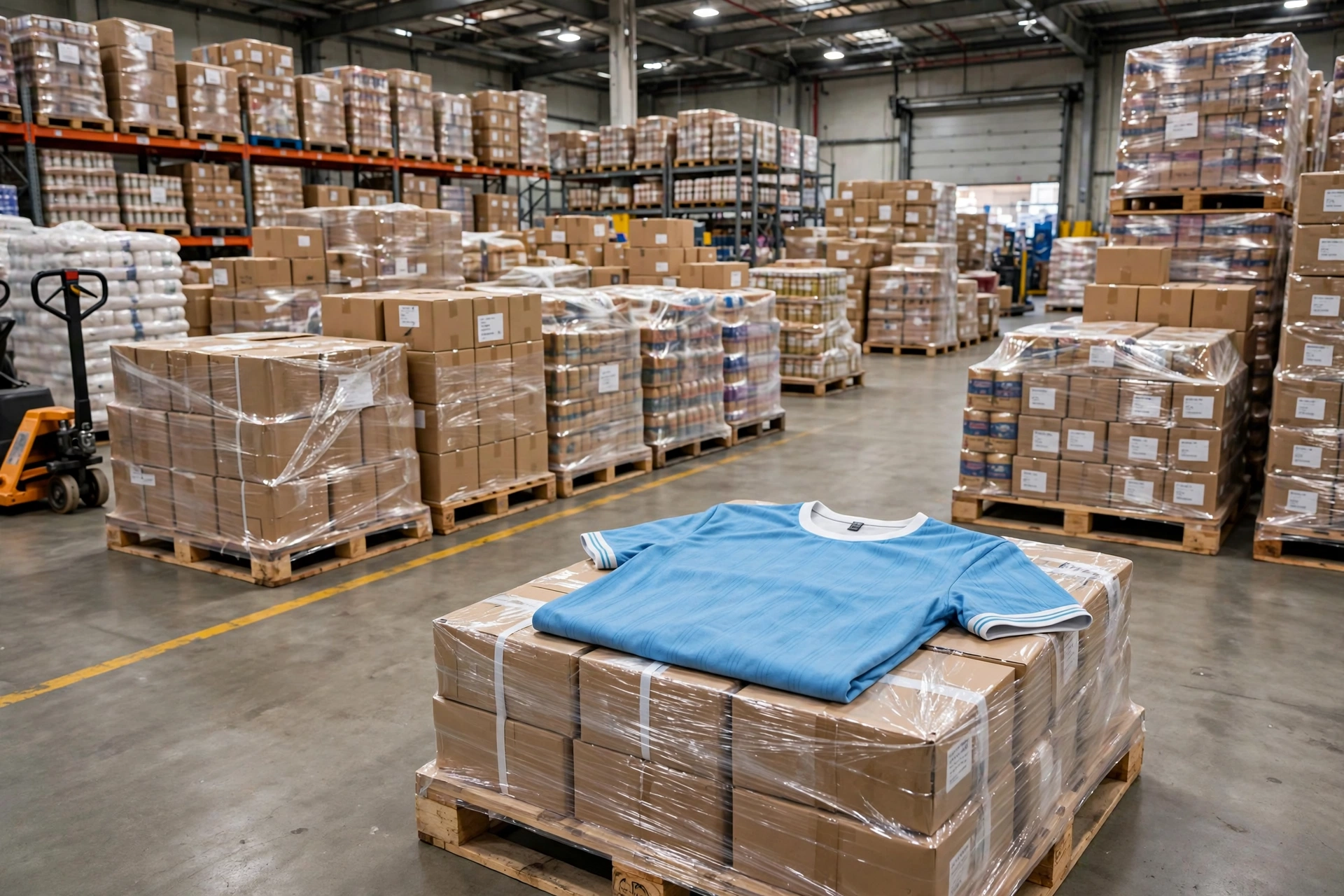 Light blue t-shirt with white collar on bulk pallet in warehouse showing direct factory volume discounts and optimized COGS eliminating middle-men - 1536x1024