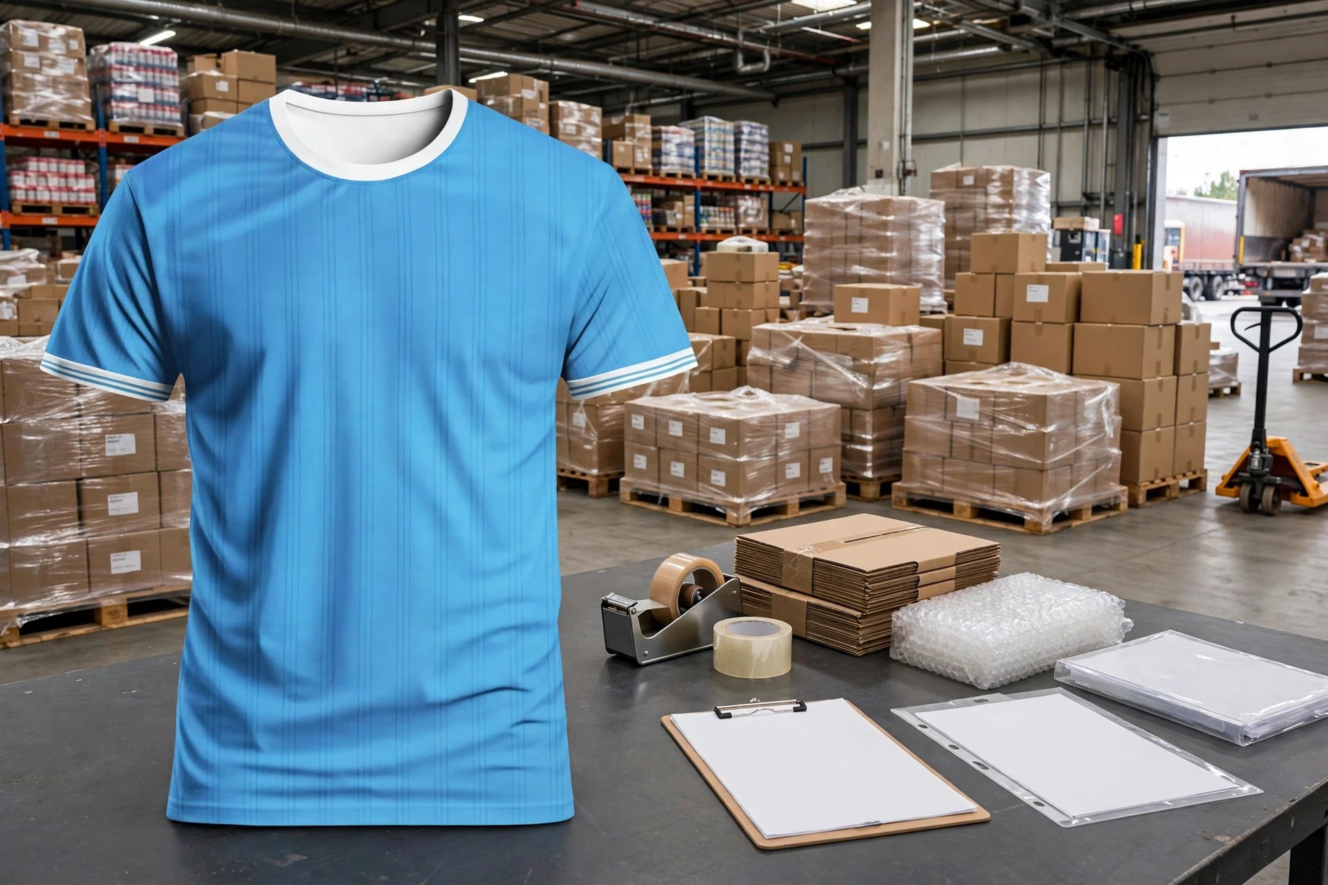 Light blue t-shirt floating over distribution hub with master carton pallets, freight truck loading, packing tape and customs documentation - optimized cost efficiency freight forwarding consolidation 1536x1024