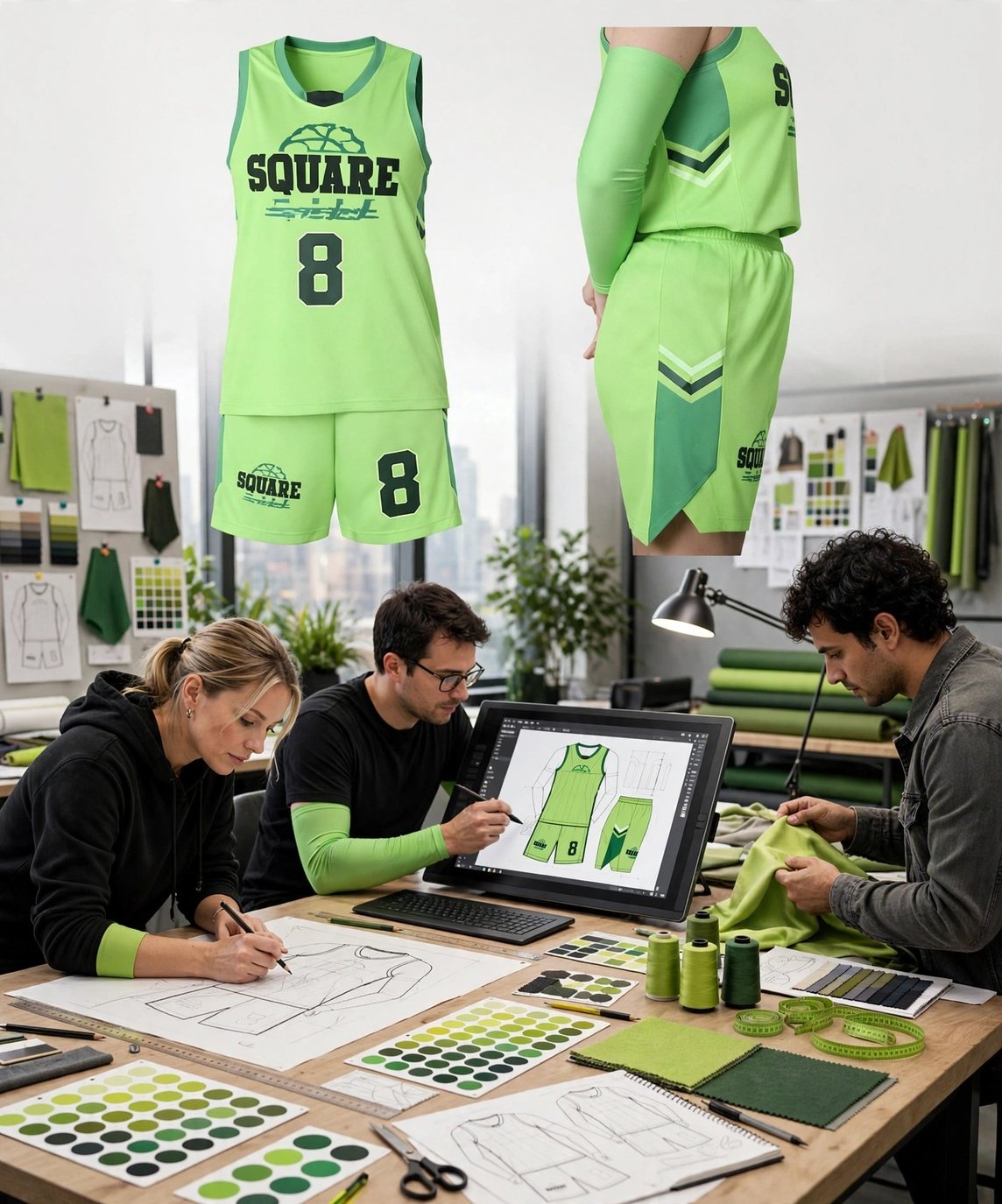 Design submission 1144x1375 lime green SQUARE 8 basketball uniform front and back floating above in-house design team studio creating vector logos color codes apparel specifications custom artwork