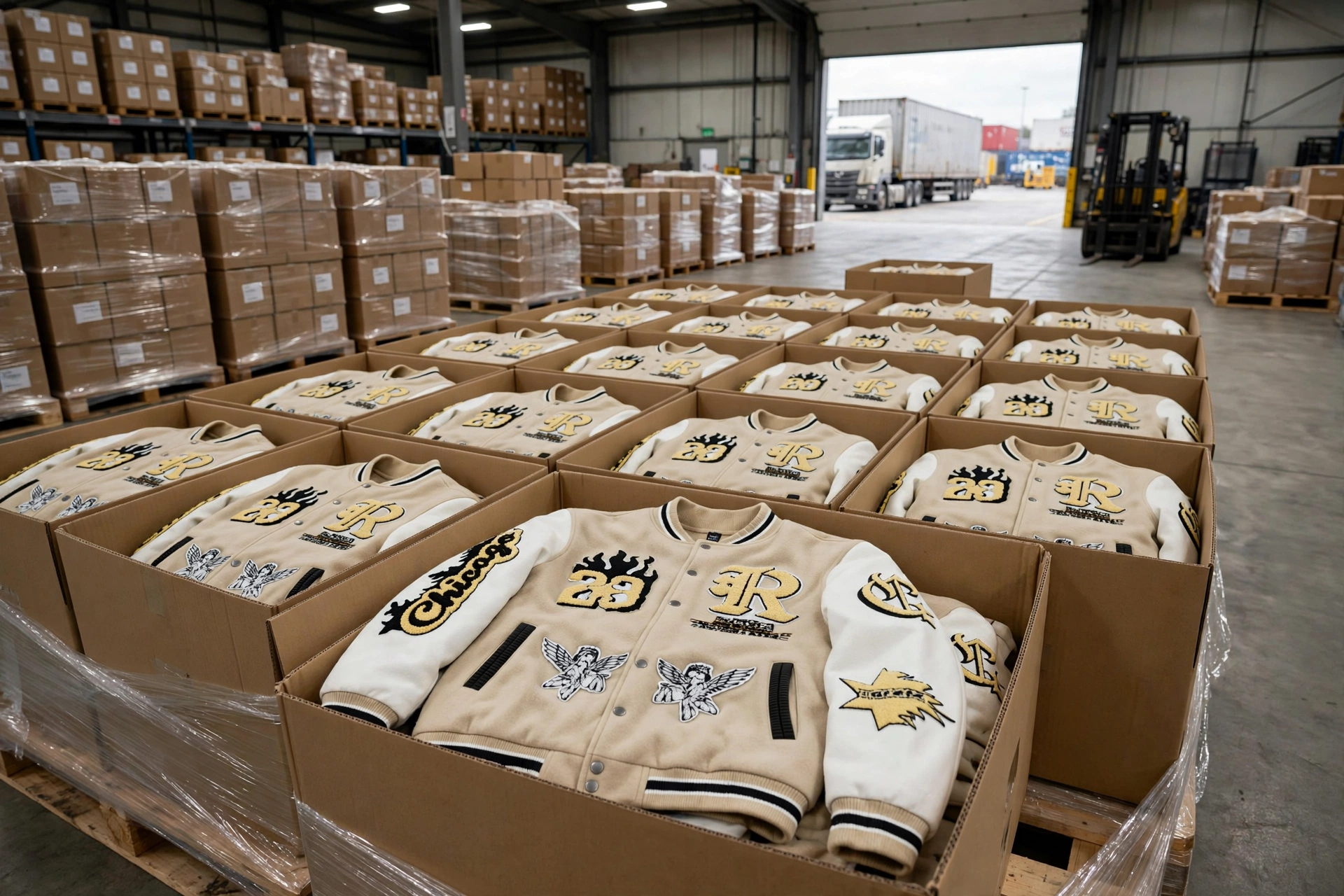 Beige Chicago varsity jackets packed in master cartons for global logistics - Chicago 29 R angel wings varsity jackets in protective boxes warehouse freight shipping