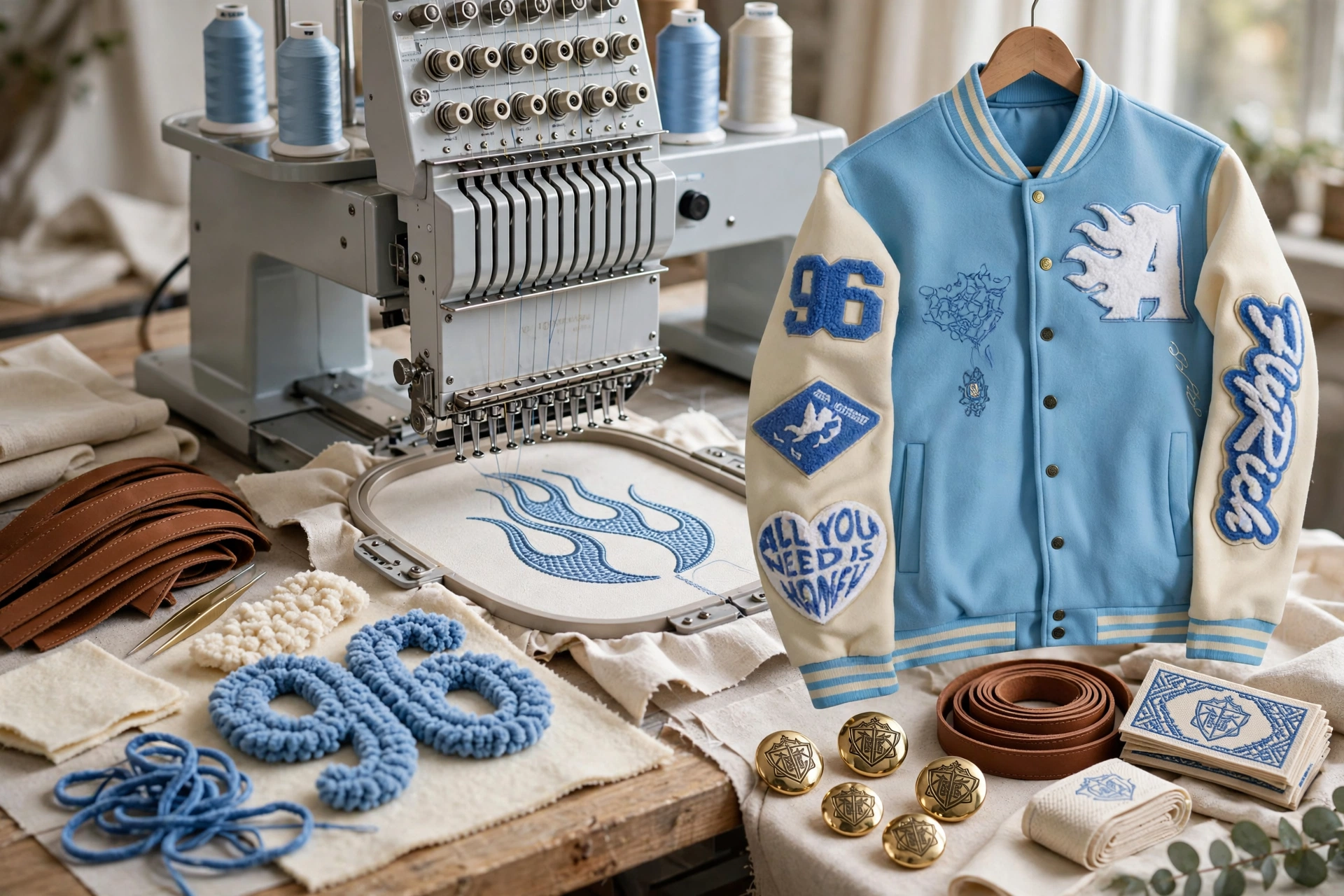 Advanced varsity jacket embellishment techniques - chenille patches, direct embroidery machine chainstitching flames, custom engraved snap buttons, leather welts, woven labels with light blue 96 varsity jacket