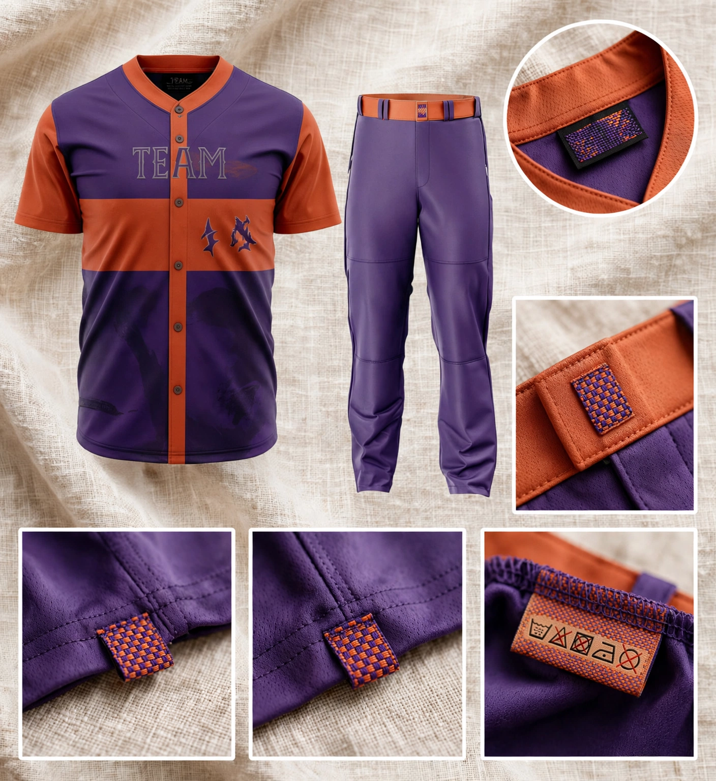 Woven Labels and Jock Tags detail showcase - purple and burnt orange color-block baseball jersey with TEAM lettering and purple pants with orange belt, featuring 5 detail callouts: interior collar woven black label with TEAM branding, belt loop woven checkered purple orange jock tag, hem woven tab tags in purple orange checker, and interior waistband washing instructions woven label with care symbols, laid on natural linen fabric background highlighting custom woven branding
