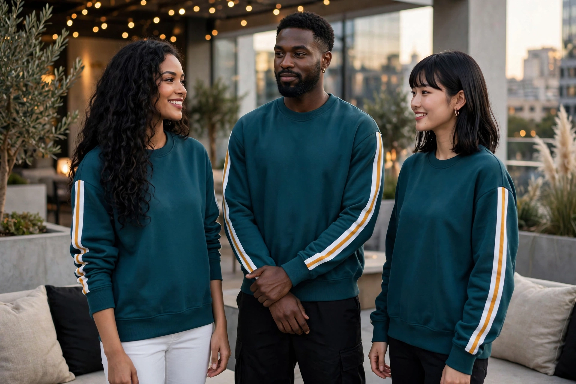 Premium fleece manufacturing elevating streetwear brands - models in teal sweatshirt with yellow white stripe sleeves showcasing luxury craftsmanship and urban lifestyle success