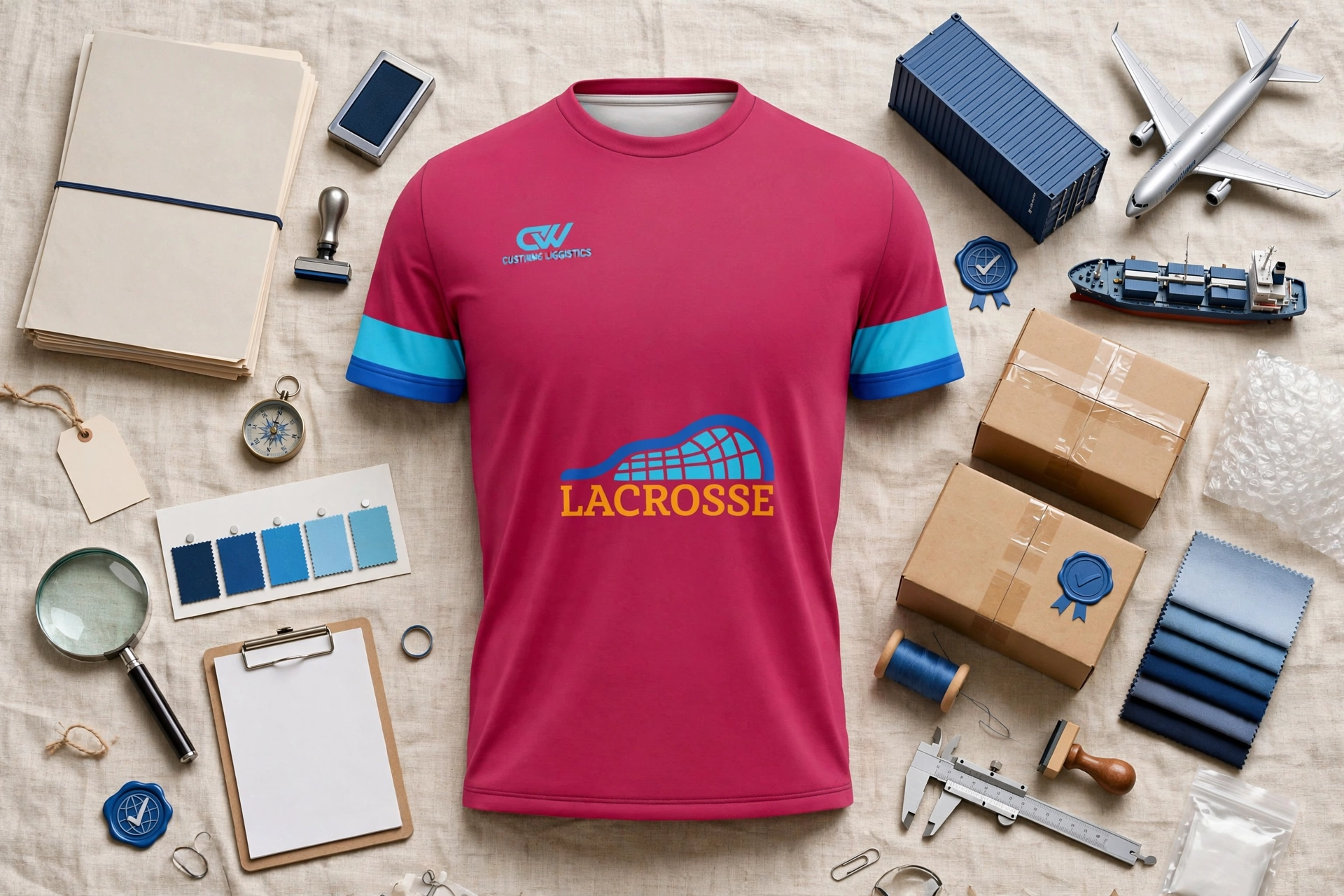 Magenta LACROSSE t-shirt with customs compliance tools - HTS documents, FTC fiber labels, customs stamps, air freight plane, ocean container, cargo ship, export cartons - North American customs excellence 1536x1024