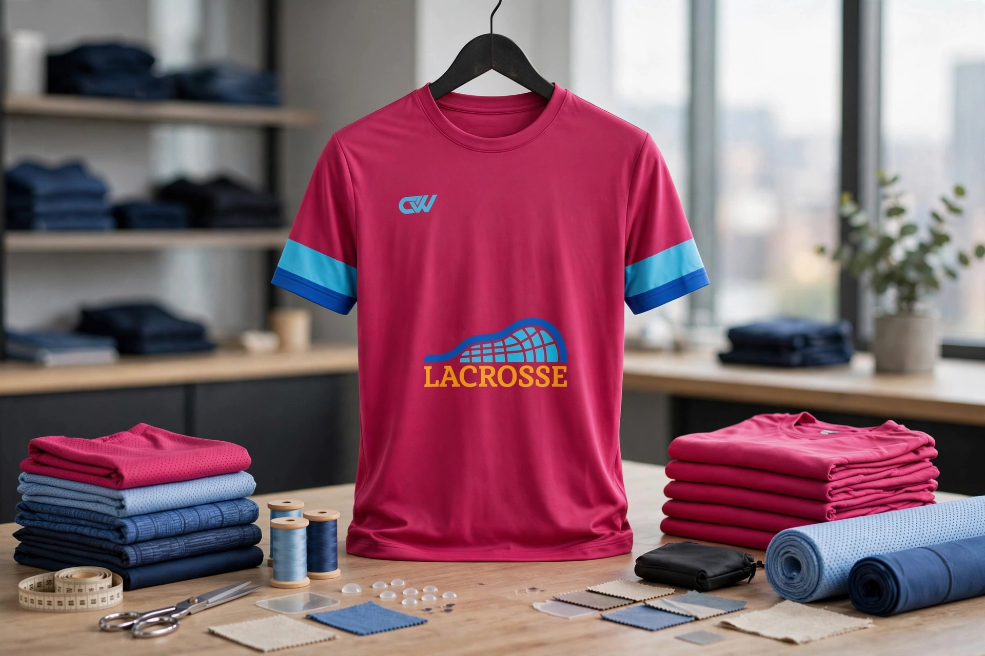 Magenta LACROSSE t-shirt with light blue dark blue sleeve stripes CW logo hanging in activewear private label studio with folded fabrics thread spools - strategic importance of private label integration in activewear 1536x1024
