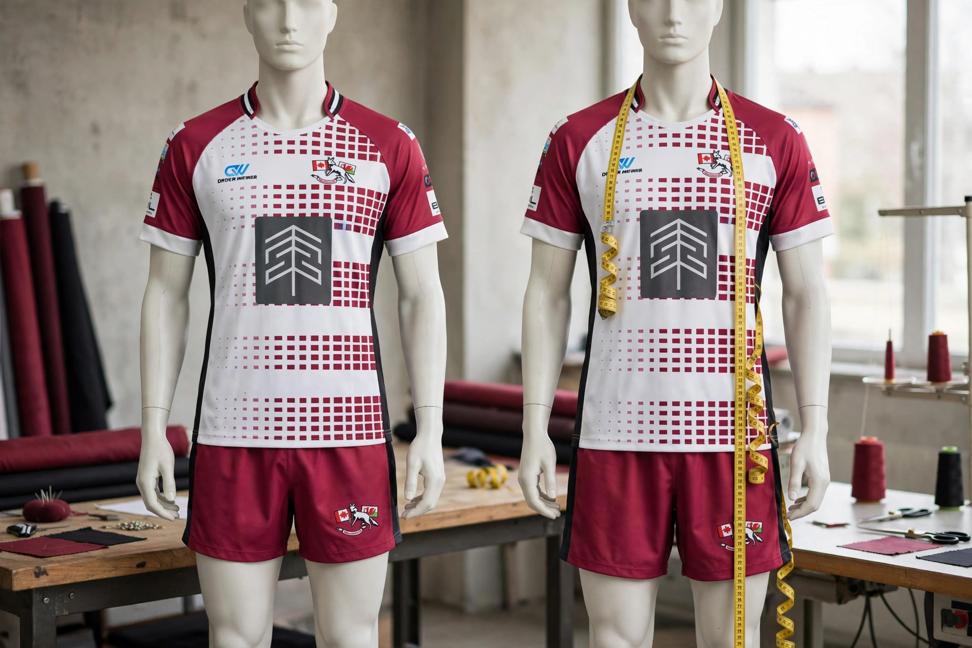 Custom length alterations for tall athletes maroon white rugby kit showing extended body and short inseam length with measuring tape for professional fit
