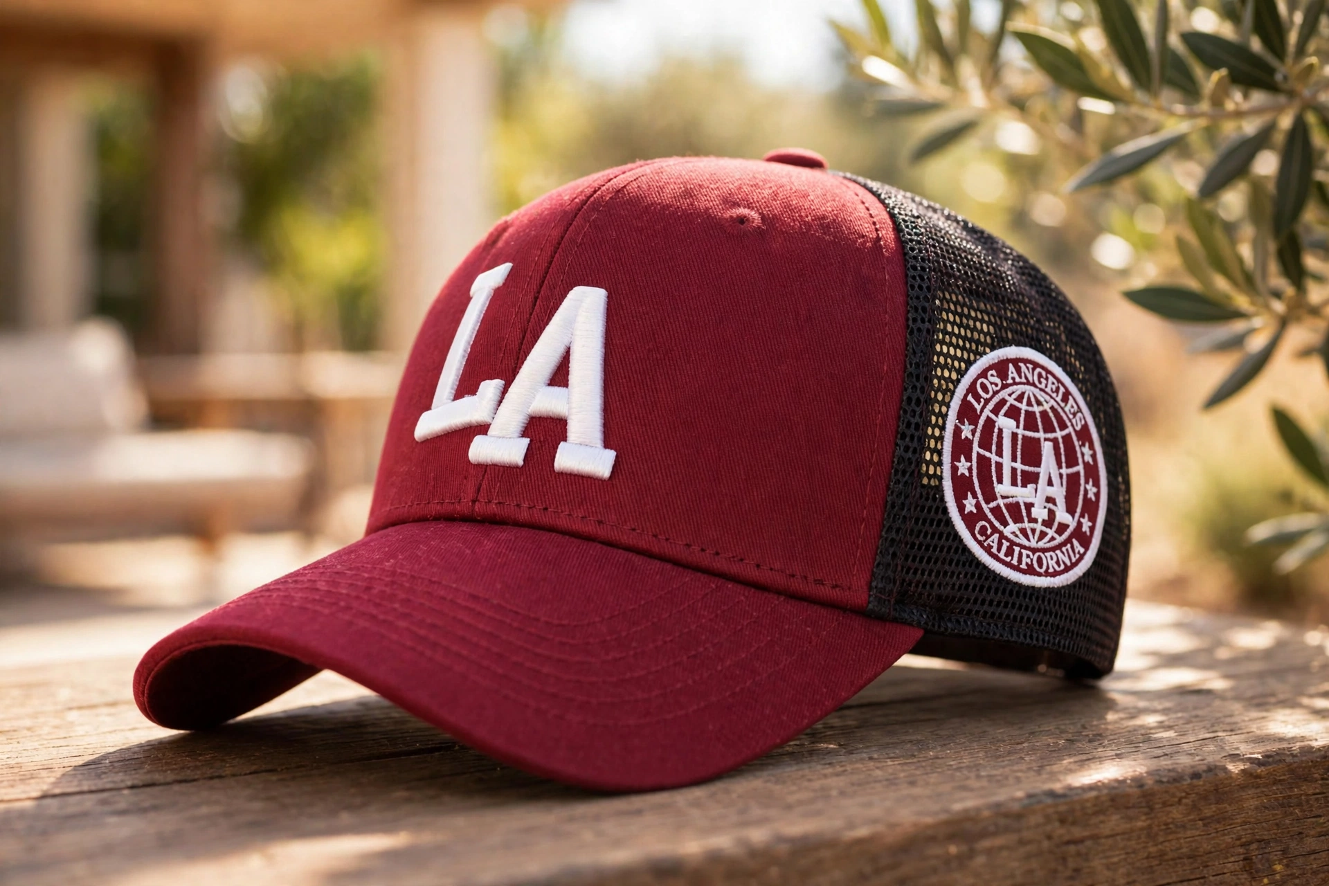 Maroon breathable trucker cap with white LA embroidery and Los Angeles California globe patch - structured front panels with soft black nylon mesh back for maximum airflow warm-weather wear