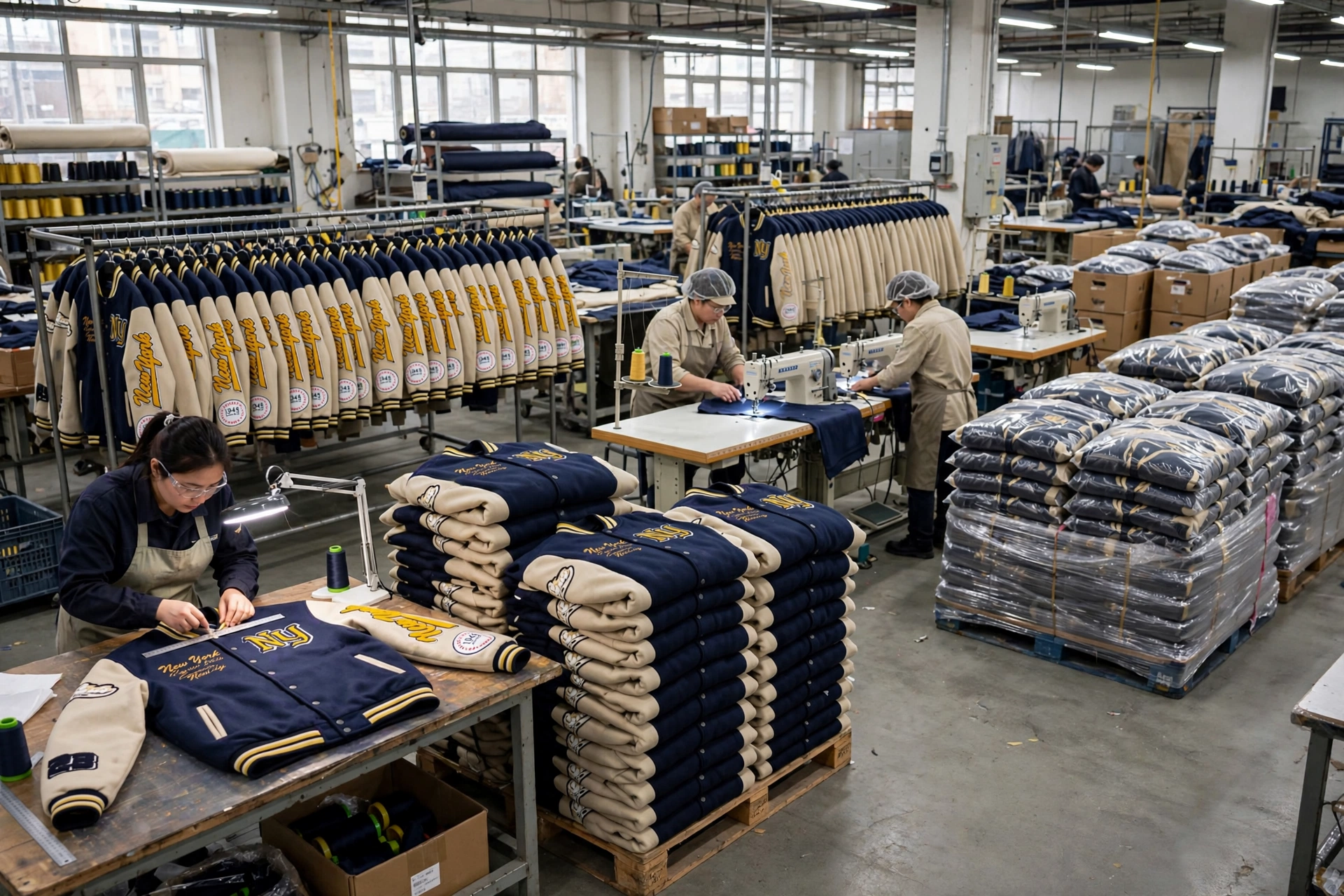 Mass production of navy New York varsity jackets - navy wool body cream sleeves yellow NY lettering factory floor bulk order with quality control checkpoints