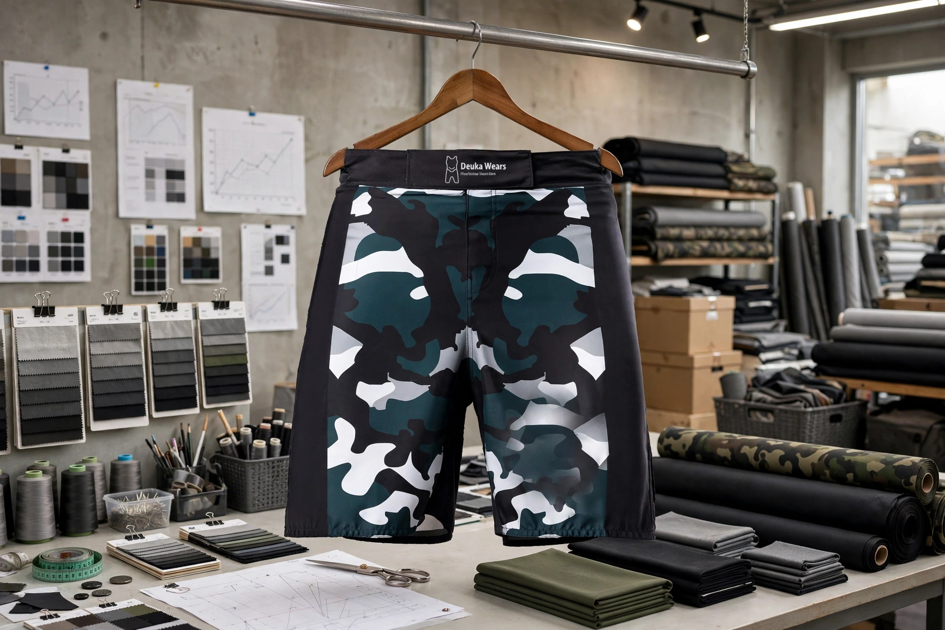 Black MMA shorts with green white grey camo pattern and Deuka Wears label hanging in direct factory office with fabric rolls, swatches, tech packs and charts - strategic advantage of direct factory partnership