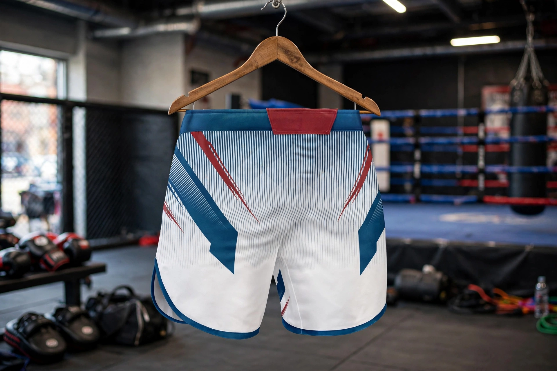 White MMA fight shorts with blue and red claw stripes hanging on wooden hanger in professional MMA gym with boxing ring and cage - outfit your team for absolute ring dominance
