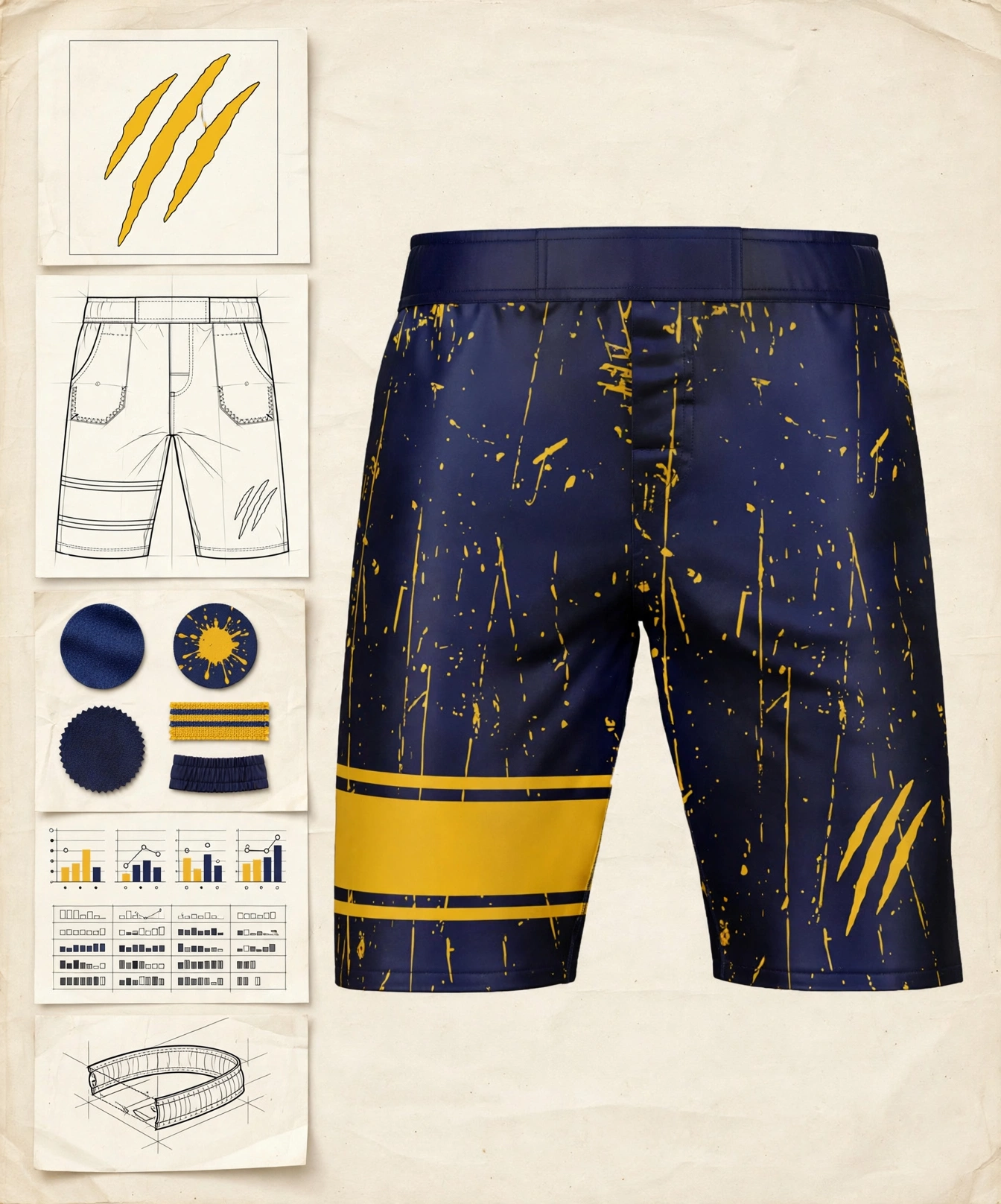 Navy blue MMA shorts with yellow splatter and claw marks and double yellow stripe on leg displayed with tech pack sketches vector claw artwork trim swatches - tech pack and brand asset submission 423x509