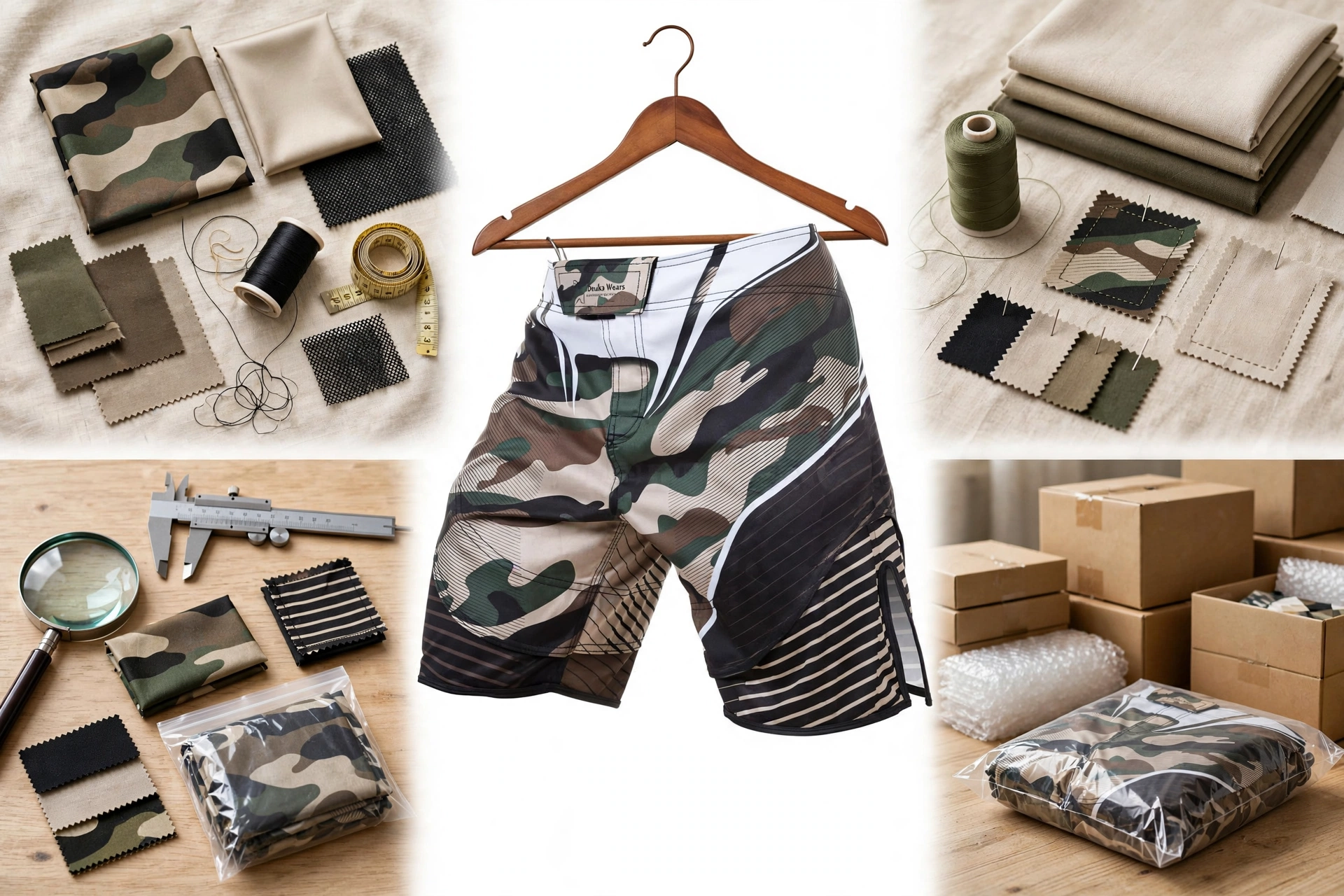 Camo MMA fight shorts with white and black striped sides hanging center with four quadrants showing tech pack fabric swatches, sample prototyping, quality control inspection and retail-ready poly-bagged packaging in master cartons - step by step custom fight shorts ordering guide