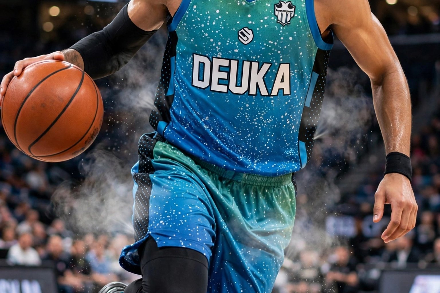 Advanced moisture-regulation high-performance dry-fit mesh fabrics pull sweat away from body instantly preventing overheating and fatigue during high-intensity quarters - Deuka blue green 00 basketball jersey