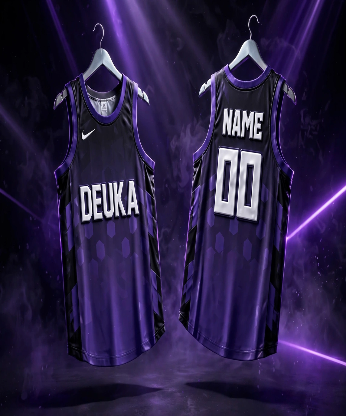 Eye-catchy purple and black DEUKA basketball jerseys with 3D raised silicone heat transfer logos under dramatic purple neon lighting