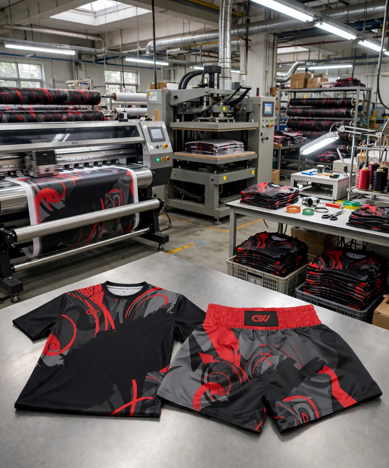 Black and red Muay Thai shirt and shorts set on QC table with industrial digital printing machine, thermal transfer press and stacks of mass production - mass production execution under strict quality control 423x509