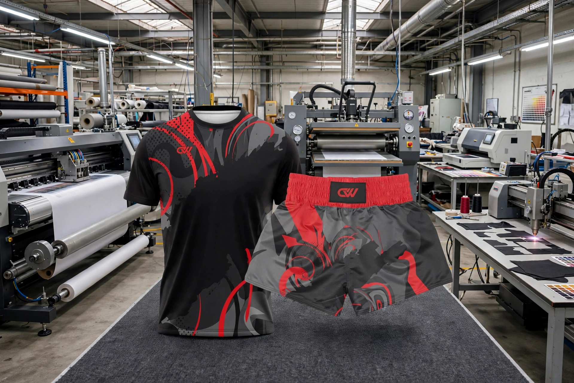 Black and red Muay Thai shirt and shorts set in sublimation facility showing industrial wide-format plotting arrays, calender heat press calibration, spectrophotometer color management and laser cut-and-sew - core technical pillars 1536x1024