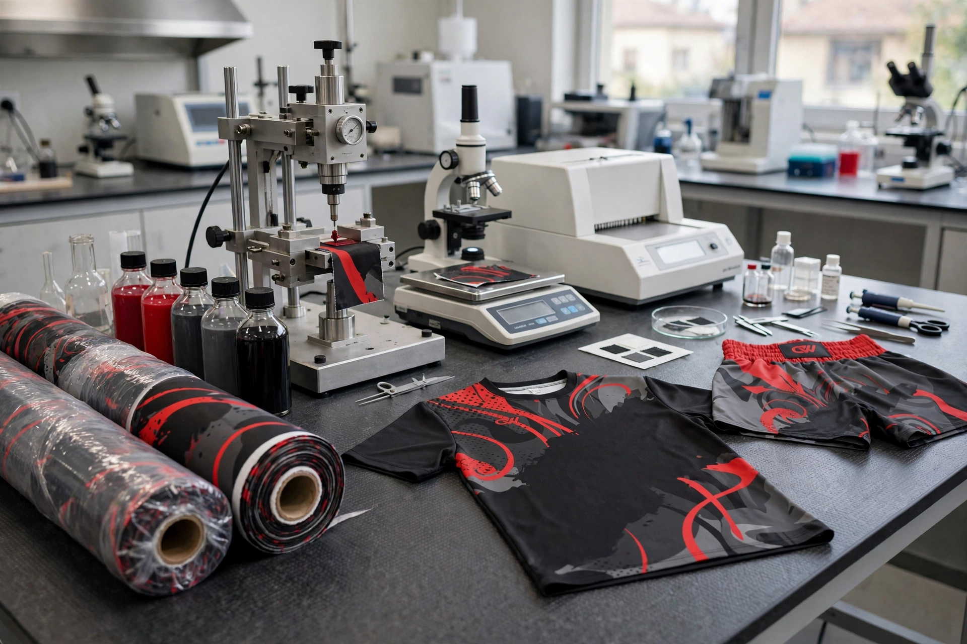 Black and red Muay Thai shirt and shorts with fabric rolls and Italian sublimation ink bottles undergoing lab testing for weight consistency tensile strength optical density - raw material inspection 1536x1024