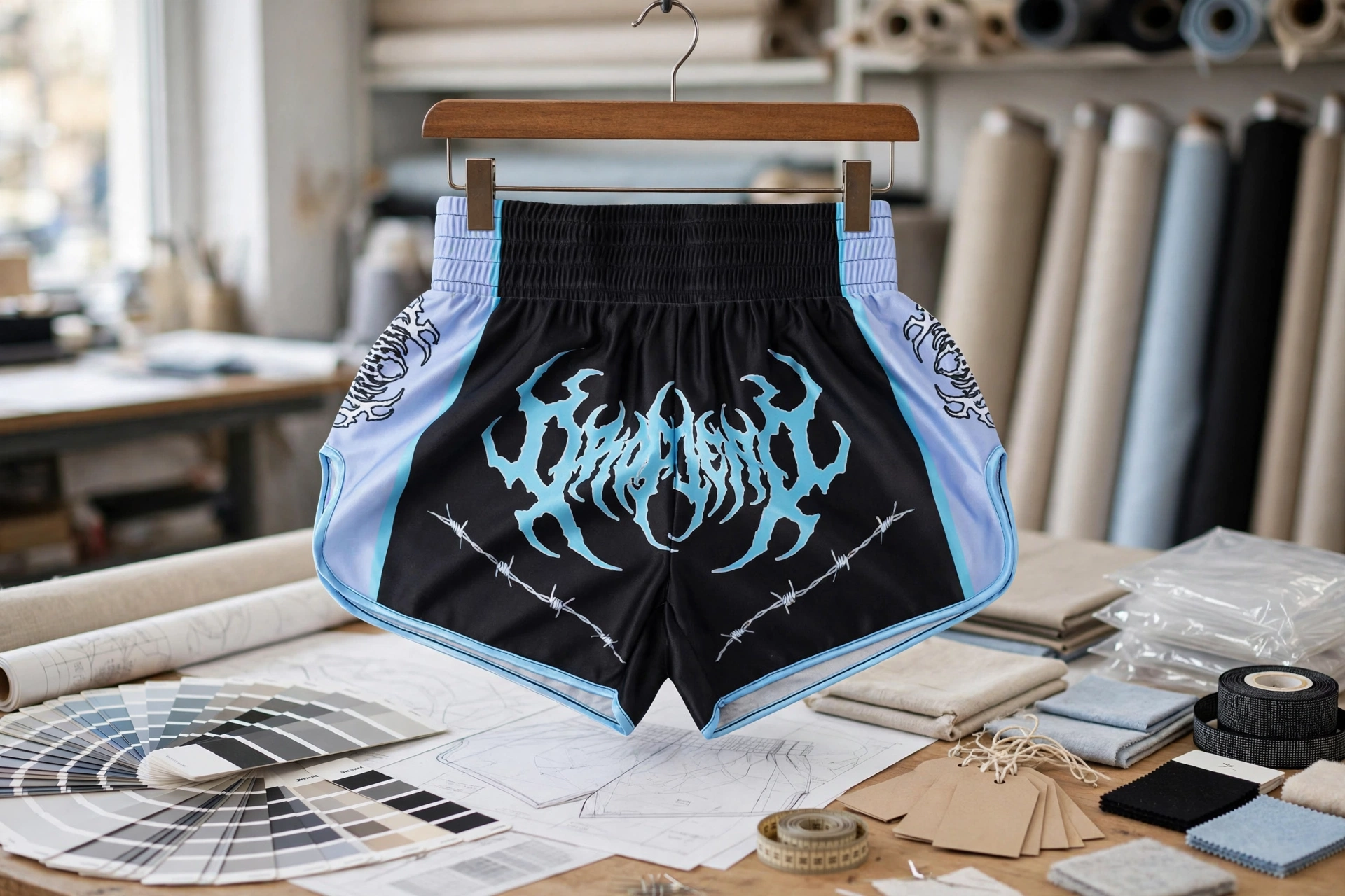 Black Muay Thai shorts with light blue side panels and gothic text with barbed wire and scorpion graphics hanging in customization atelier with Pantone swatches, tech packs and hangtags - custom gym identity to fabric