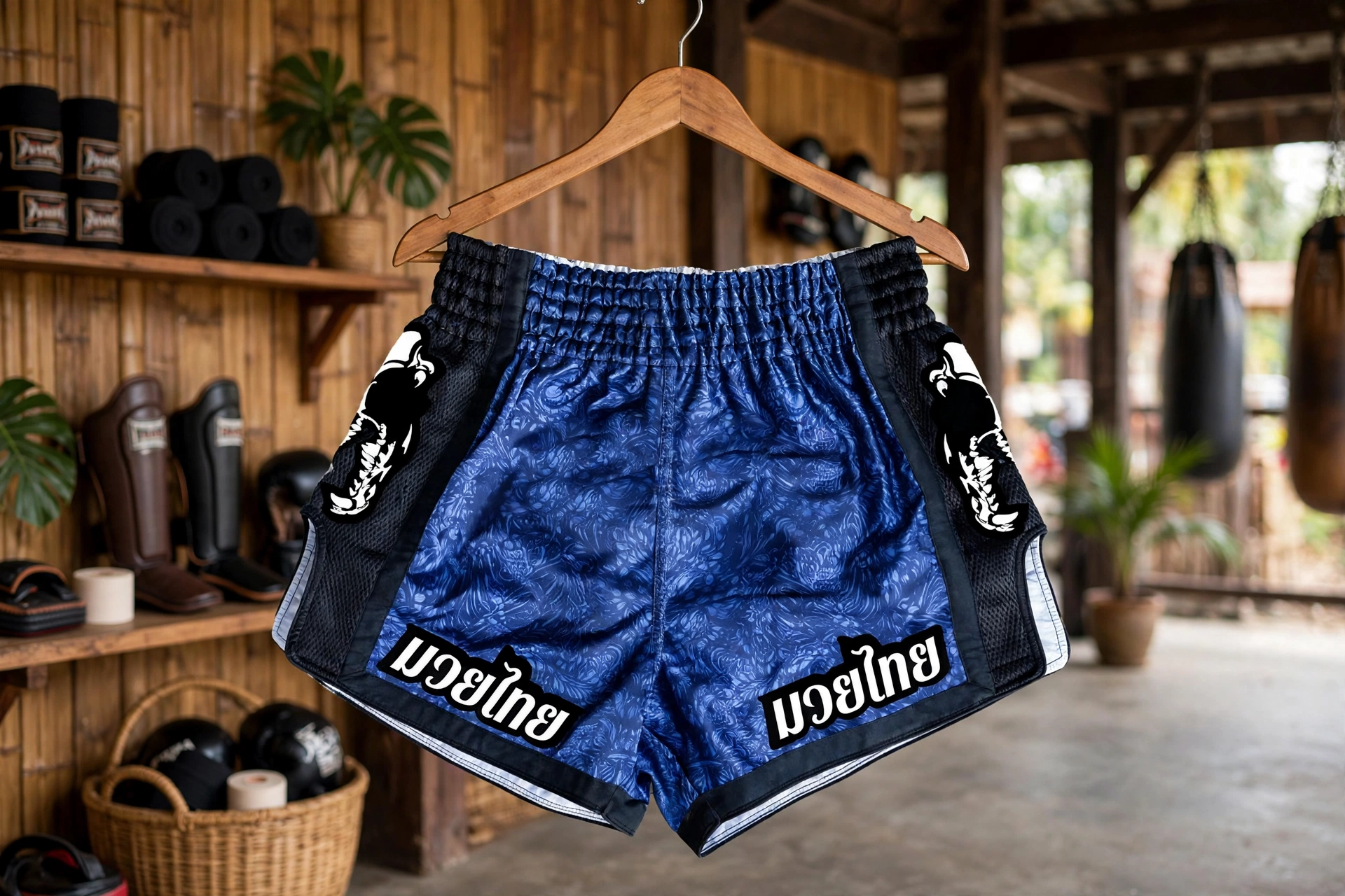 Blue traditional Thai cut Muay Thai shorts with black mesh side panels and Thai script hanging in bamboo Muay Thai gym with heavy bags - traditional Thai cut for unrestricted kicking mechanics