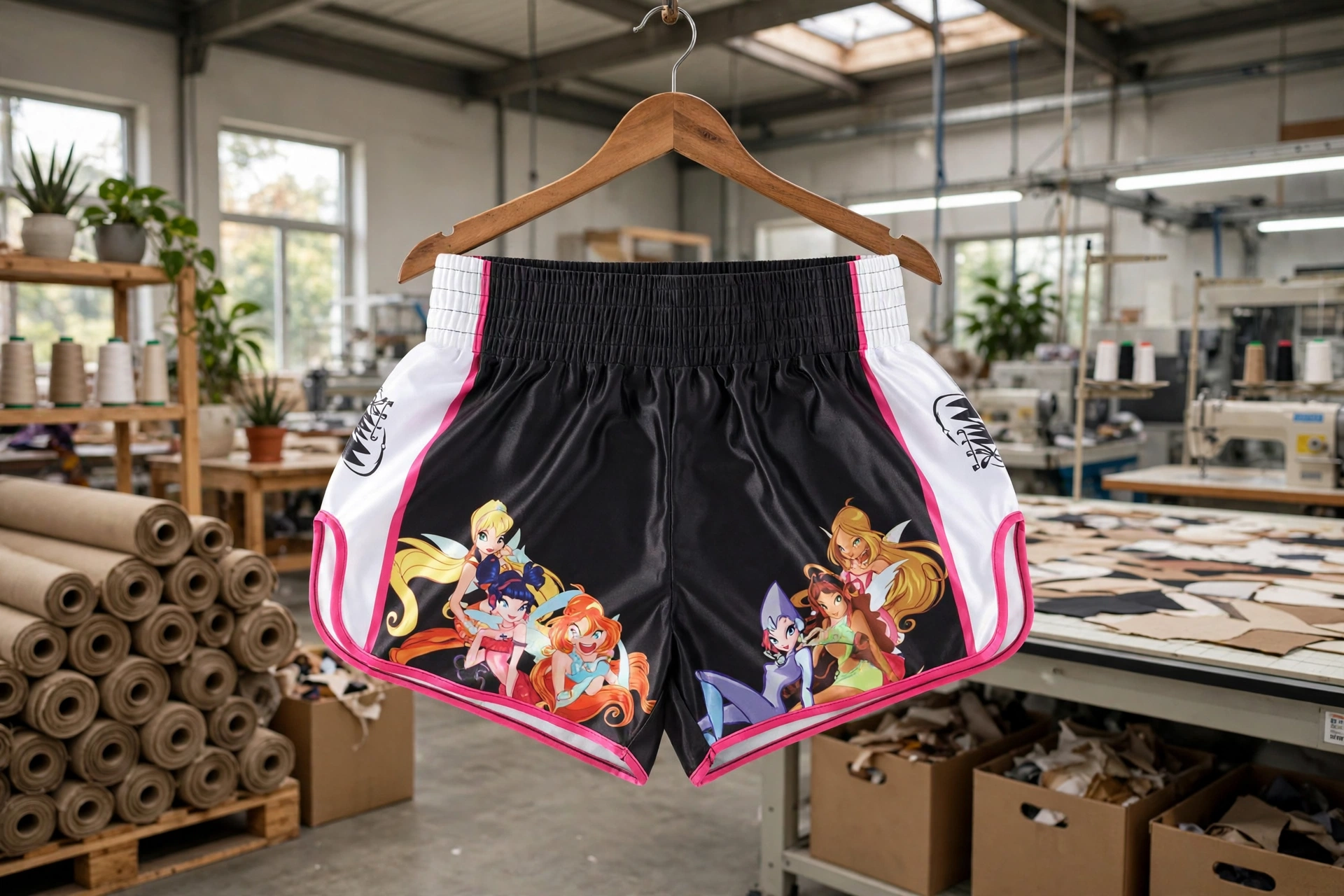 Black Muay Thai shorts with colorful anime fairy characters white panels and pink piping hanging in sustainable eco-friendly factory with CNC nesting cutting table and fabric rolls - sustainable manufacturing and ethical compliance
