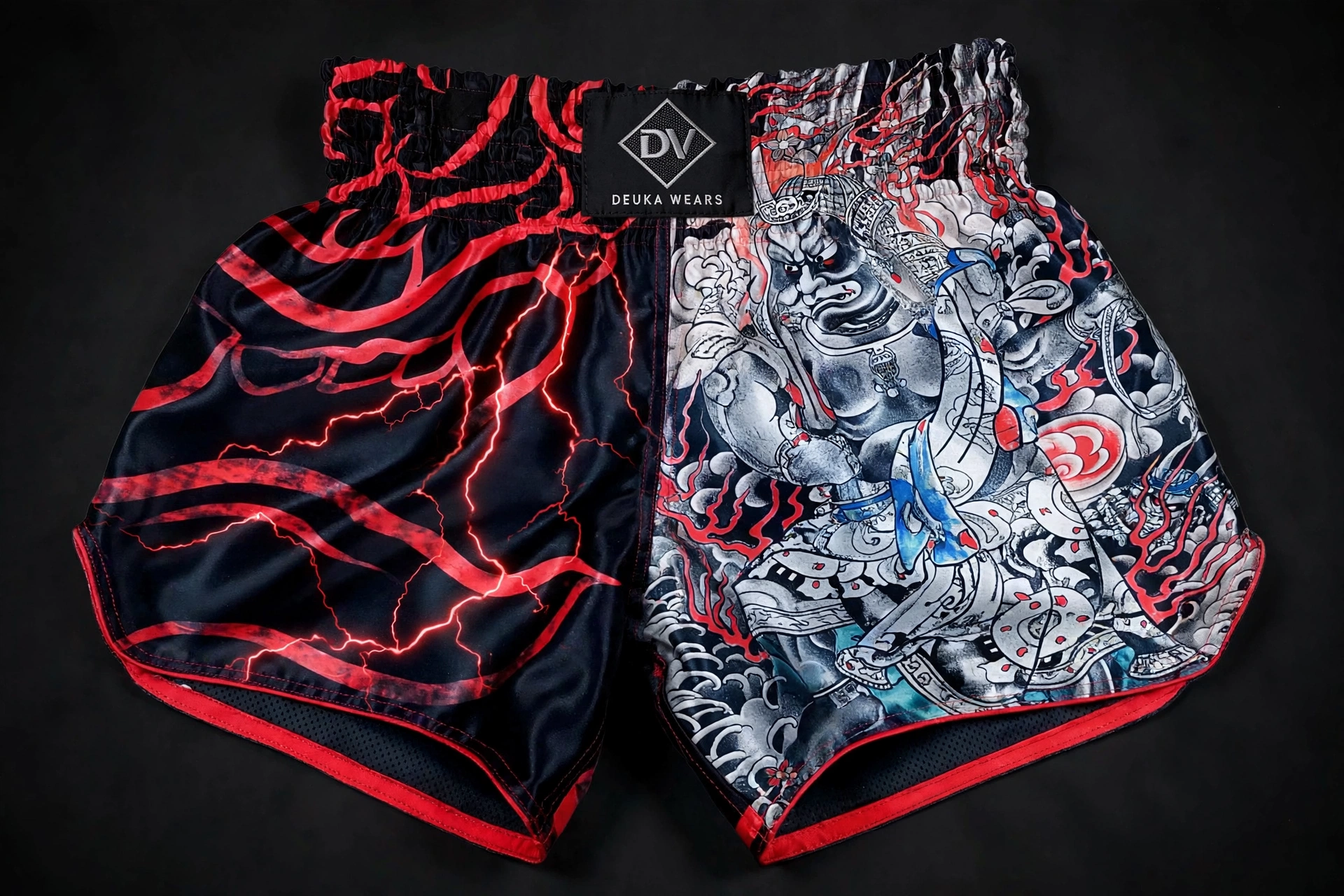 Black red samurai Muay Thai shorts Deuka Wears DV logo sublimation HD