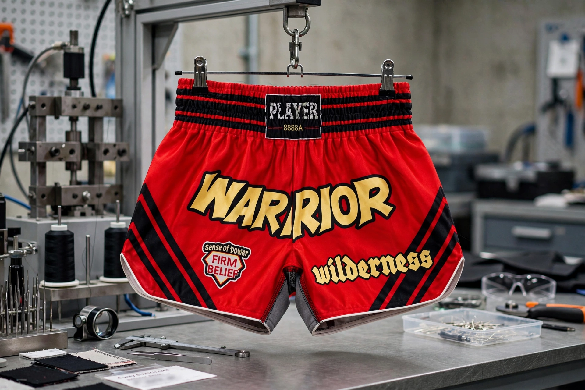 Red Warrior Muay Thai shorts with gold lettering hanging in engineering lab with stitching machines and stress testing equipment - engineering durability and mobility science behind fight shorts