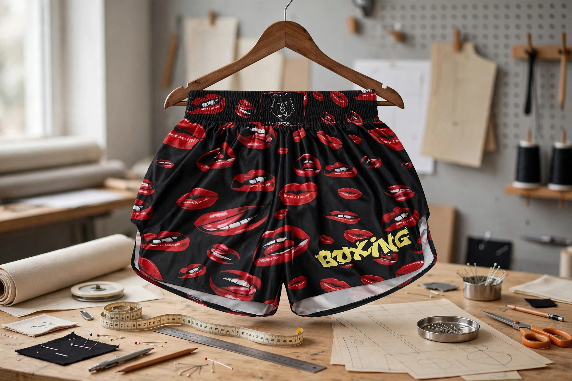 Black boxing Muay Thai shorts with red lips mouth print and yellow BOXING text hanging on wooden hanger above tailoring table with measuring tape ruler tech pack sheets - custom spec sheet adherence
