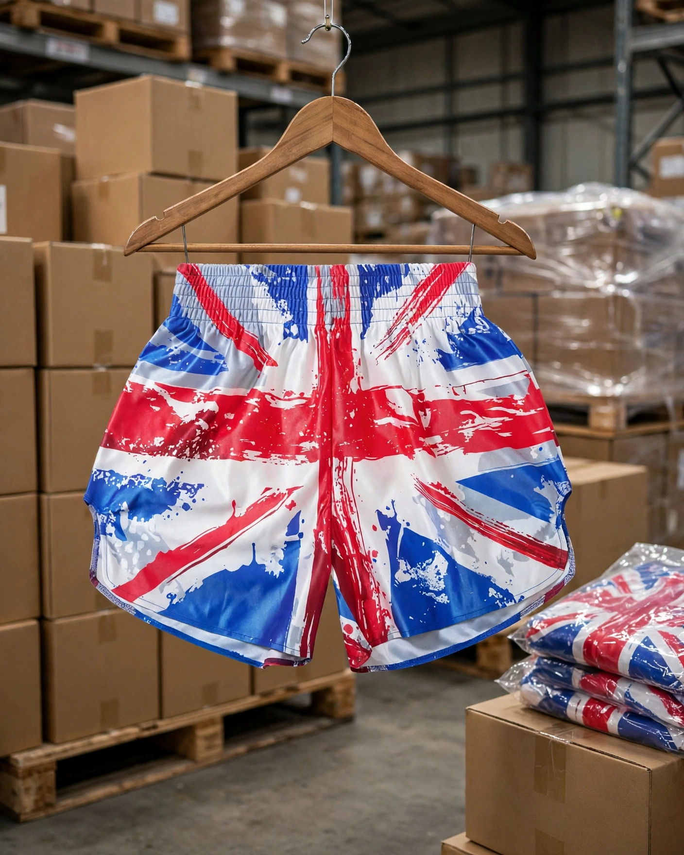 White Muay Thai shorts with distressed Union Jack UK flag print hanging on wooden hanger in global logistics warehouse with master cartons and poly-bagged shorts - global logistics shipped via freight carriers