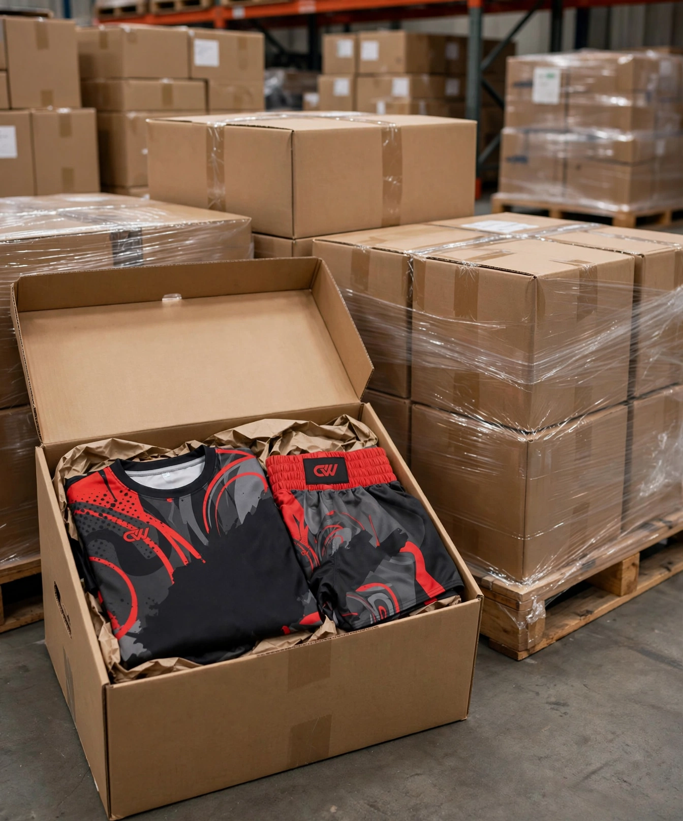 Black and red Muay Thai shirt and shorts set packed in open durable master carton with stacks of shrink-wrapped cartons on pallets in warehouse - global logistics and fulfillment 423x509