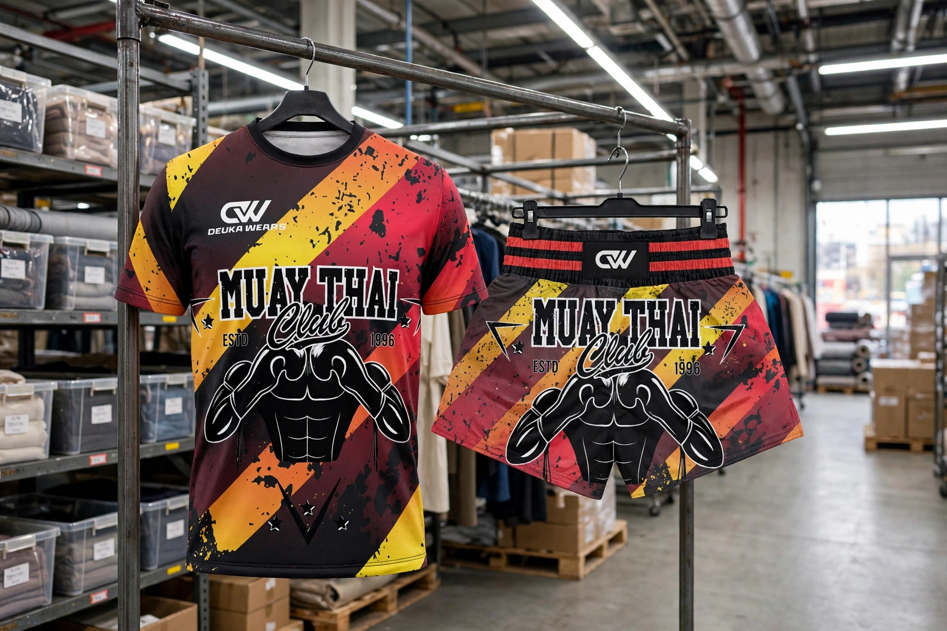 Black yellow red Muay Thai Club matching t-shirt and shorts set hanging on rack in streamlined production scalability warehouse with inventory bins and cartons - streamlined production scalability