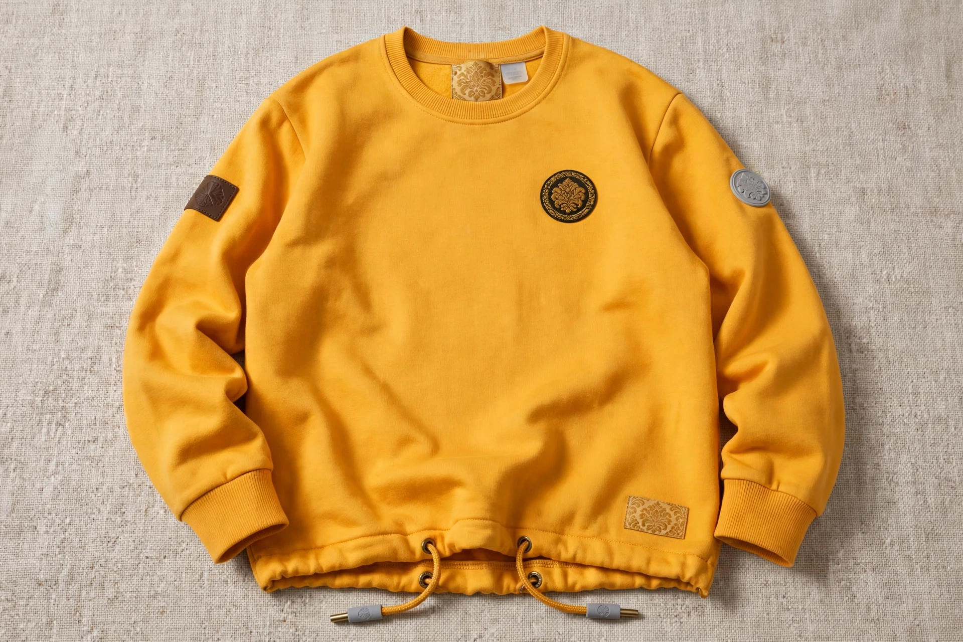 Mustard yellow crewneck sweatshirt flatlay with woven damask neck label, debossed faux-leather arm patch, silicone raised logo, hem label, metal eyelets with dipped drawcord tips - comprehensive branding and trim options 1536x1024