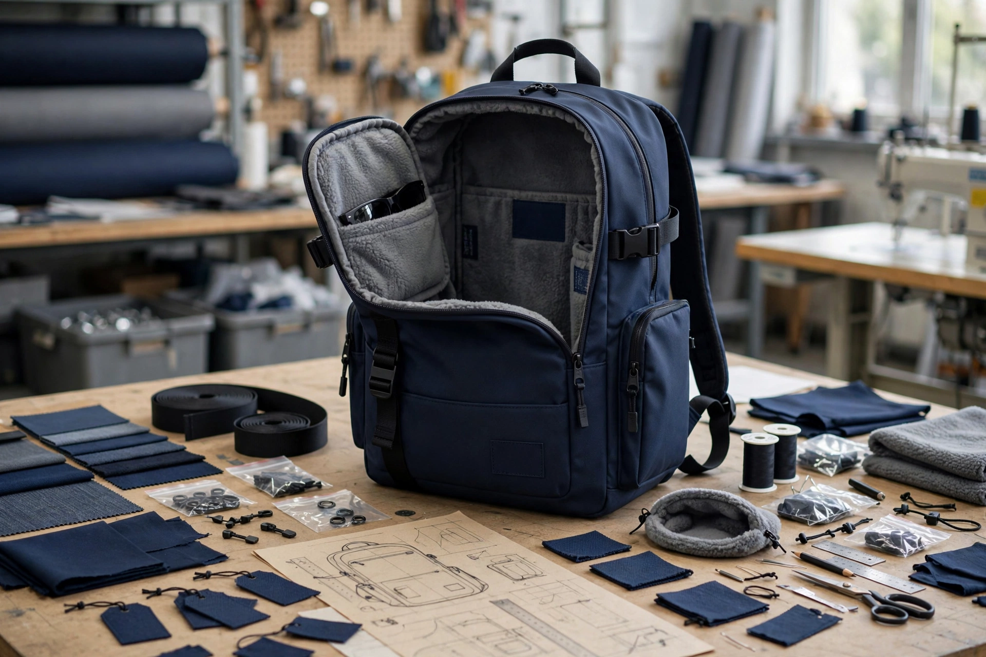 Navy blue backpack open showing fleece-lined sunglasses pouch on workshop table with Pantone swatches webbing zippers hangtags tech pack sketches - customizing every detail your brand your rules